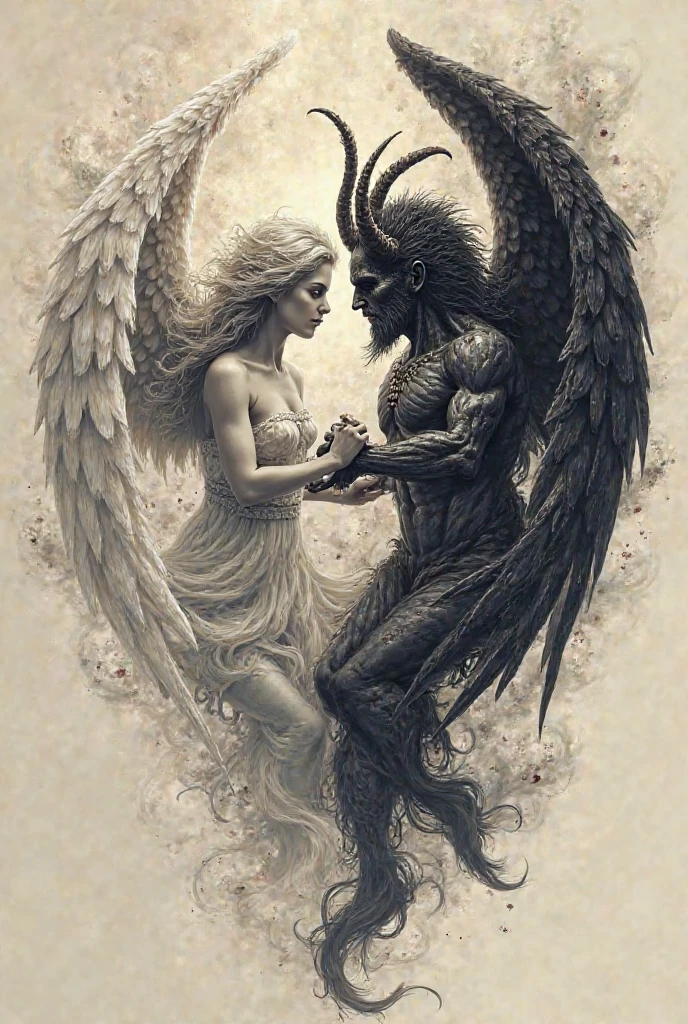 Create a tattoo in the engraving style of an angel and demon fighting 