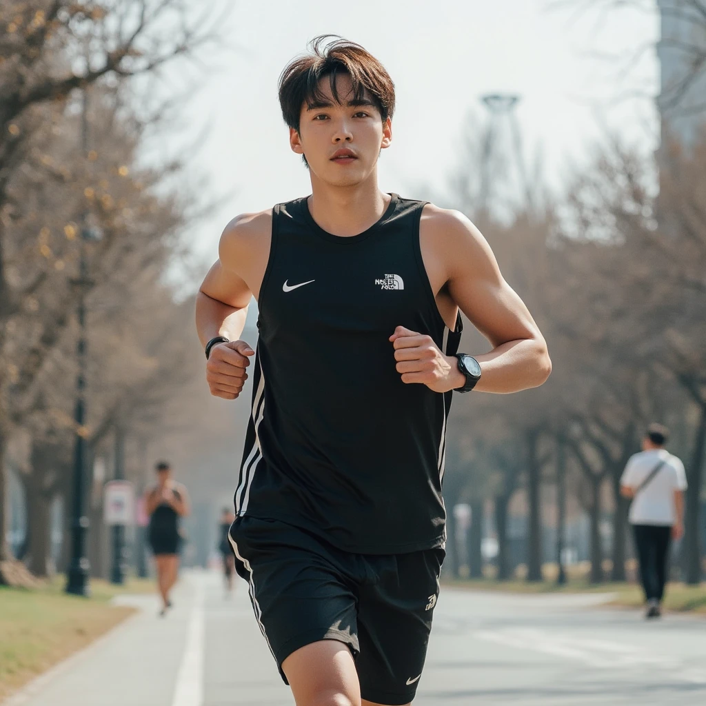 Cinematic Photo of a handsome japanese men 25-30 y.o fashion model, medium black hair. He is a runner. Wearing top tank. Running on the street on euro. Morning time