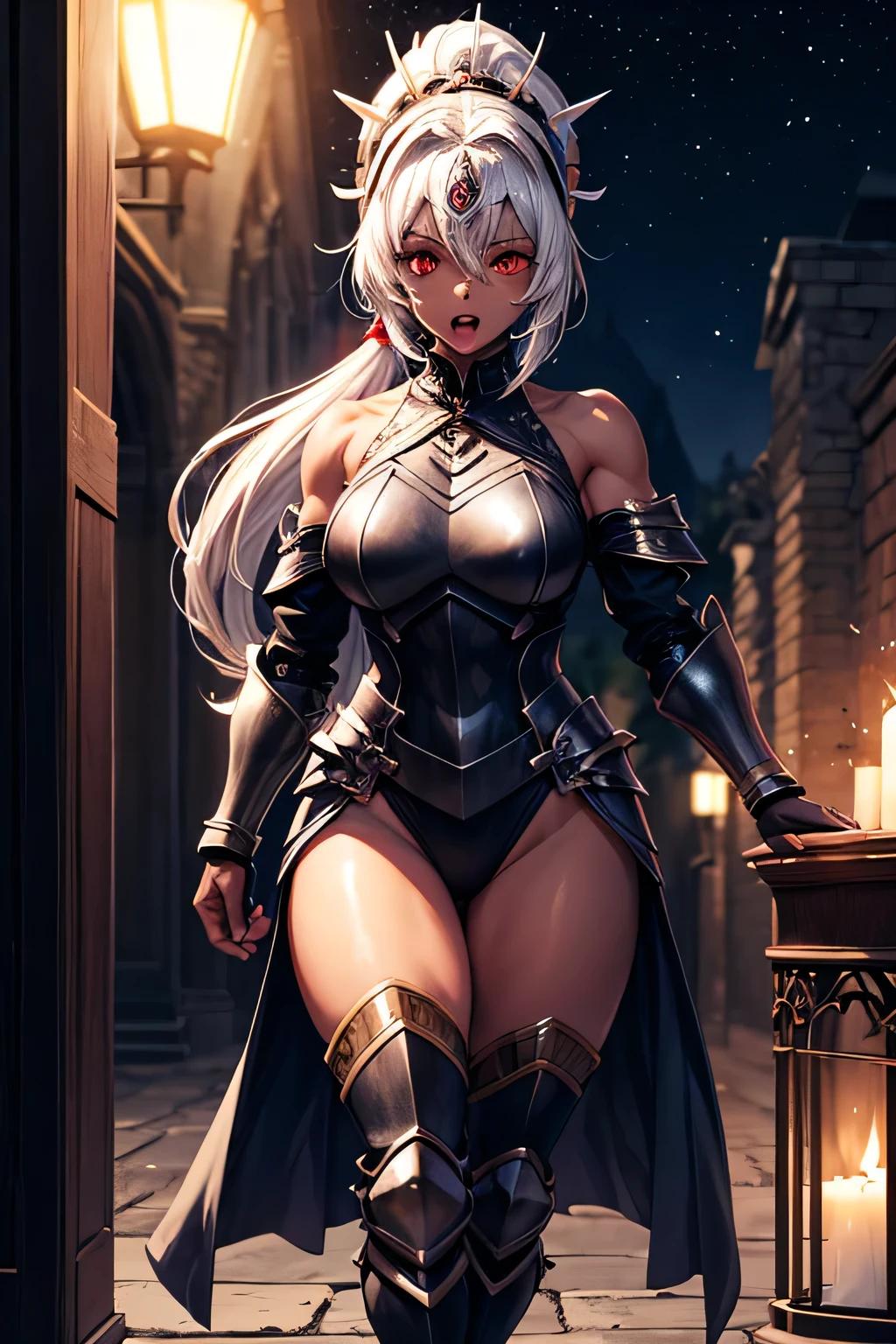 Woman knight、a beauty girl、huge tit、Excellent style、Nice Buddy、glamorous、leotard、s Armor、Bra chest armor、knee boots、gauntlets、hair adornments、silber hair、Longhaire、Ahoge、a medieval castle、is standing、full body seen、Outside the castle、natta、a smile、slightly open mouth
