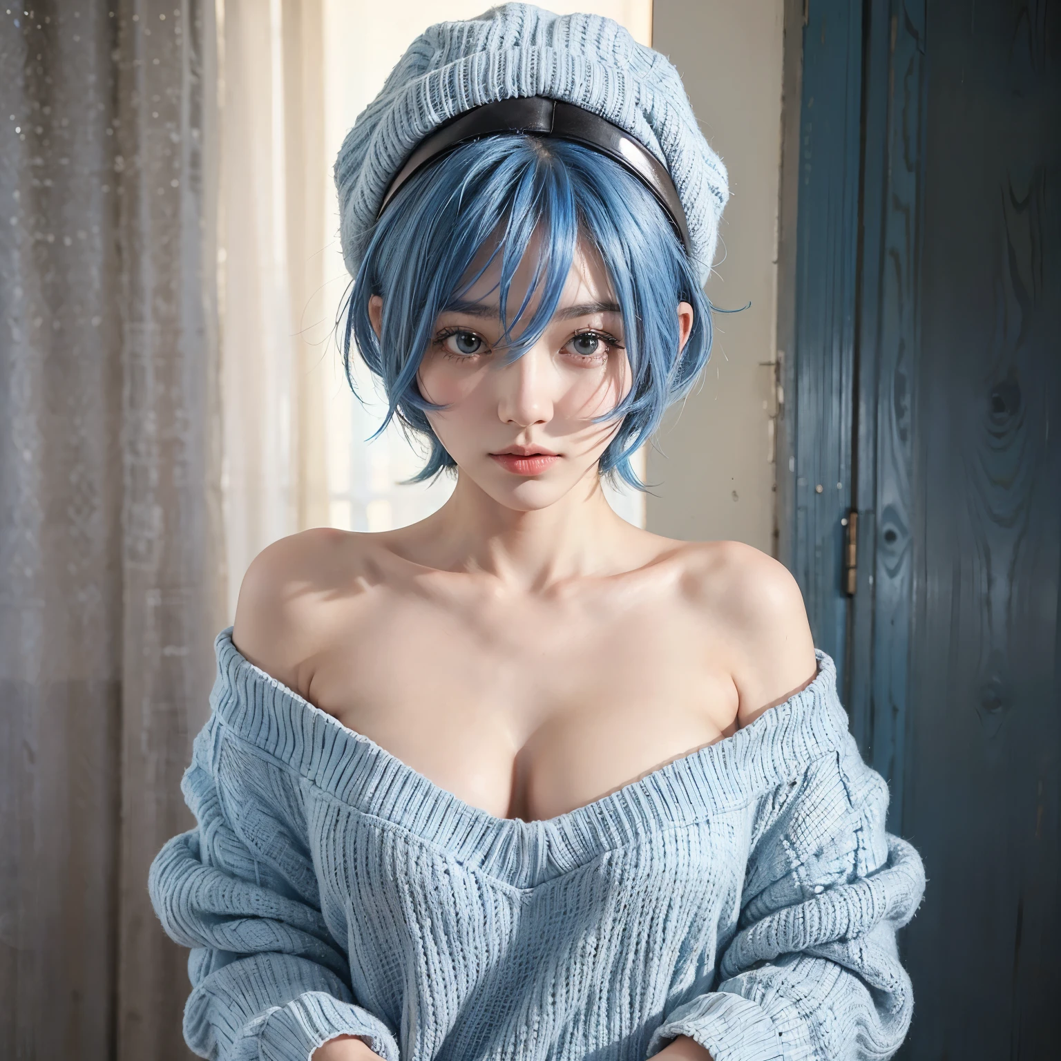 ((One Girl:1.4)),(masterpiece, Highest quality), ayanami,Are standing,((Looking into the camera)),(((Blue Hair)))、(((Berry Short))),(((I can see your chest))),(Nipples are visible), Leiayanami, Rei Ayanami, whole body、I can see your thighs、classroom、Large Breasts、blue dress, mini skirt、dress, neck ribbon, pinafore dress, ((red ribbon)),ribbon, , Short sleeve, short-sleeved,(Beautifully detailed face),(Side view:1.2),(Looking into the camera:1.2),(Face is front:1.2)