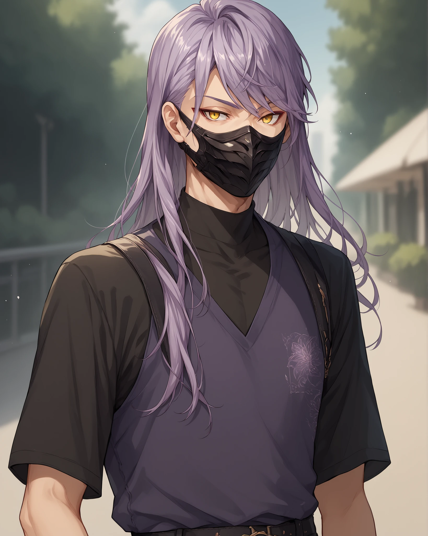 Anime boy with purple long mullet hair, side bangs, wears a mask, yellow sharp eyes, Solo, High Resolution, blurred background, casual clothes