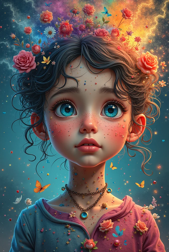 Beautiful girl with bright colors: 8-year-old Giru, Messy hair, painting, Nice perfect face,Soft skin,Flawless, blue、, Lilac and violet additions, light red additions, complicated细节, Startup Screen, 8k resolution, masterpiece, Cute face,artstation digital smooth very black ink flow: 8k resolution photorealistic masterpiece: Delicate and exquisite fluid gouache painting: author:John Baptiste Monger: calligraphy: Acrylic Fiber: Watercolor Art, Professional photography, Natural Lighting, Volumetric Lighting Minimalist Photo Illustration: author:Marton Bobzert:, complicated, elegant, Expanded, fantastic, curls, Energetic