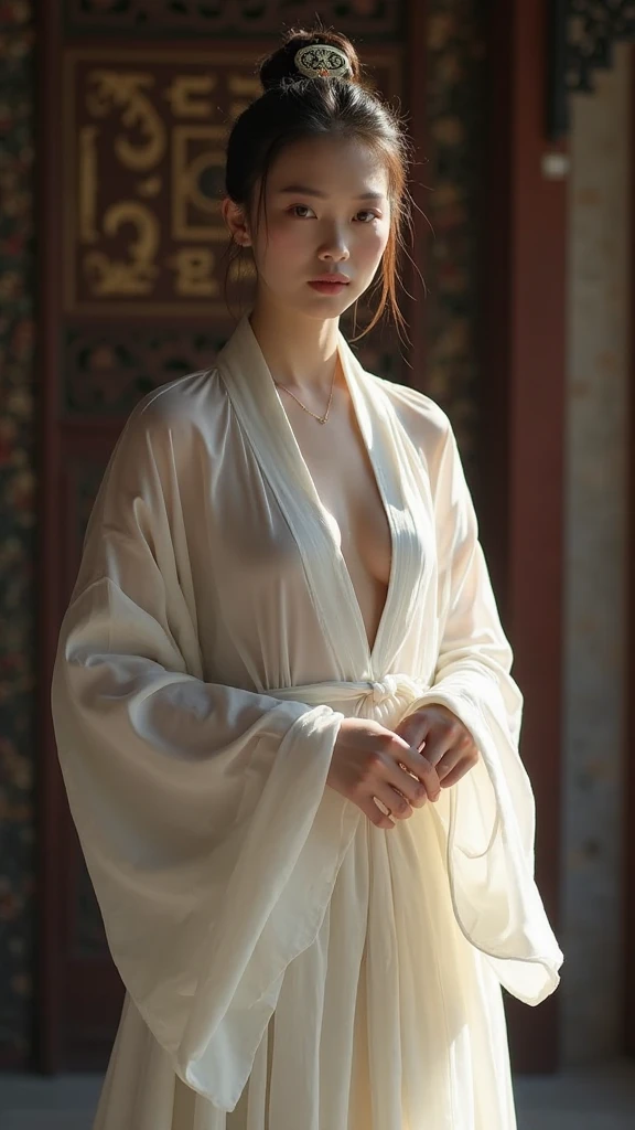 a milf wearing a white kimono, black lingerie, beautiful detailed eyes,beautiful detailed lips,extremely detailed eyes and face,longeyelashes,mature woman,sensual pose,full body shooting,seductive,high quality,photorealistic,dramatic lighting,cinematic,vivid colors,chiaroscuro,moody atmosphere,dark and light contrast,dramatic shadows