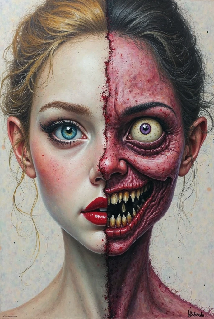 An image of a zombie witch with a creepy face, angry, wide numb eyes, scary open mouth, big sharp teeth with dripping blood and an occult tattoo on the neck, inspired by Junji Ito, junji ito style, art style of junji ito, in style of junji ito, ito junji art, style of junji ito, subtle junji ito, kaethe butcher, inspired by Hannah Frank, fleshy - cyborg - zombie