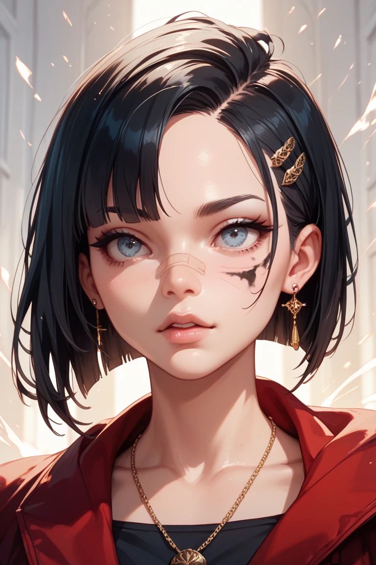 anime girl with black hair and necklace standing in front of a fire, artwork in the style of guweiz, guweiz, anime style 4 k, inspired by Yanjun Cheng, by Yang J, detailed digital anime art, anime styled digital art, a beautiful artwork illustration, digital anime illustration, digital anime art, guweiz on artstation pixiv