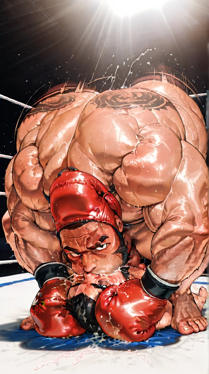 3D Photorealistic, Masterpiece realistic, best high quality, perfect details, RAW Photo, intricate details, nice lighting, 4K, detailed background, In the championship boxing match, A determined muscular boxing champion 45-year-old man, perfect wrinkle wearing pure white boxing trunk and red boxing gloves. wide abs (wide abs:1.4). Crowded audiences and nice lighting, nice face lighting, serving a boxing battleground. He looks helpless and useless as he's forced to back down (back down:1.8) completely no power left in his muscular body after taking uppercut from hell to his solar plexus. Unnoticed by the world beyond, details of physic muscle, perfect body anatomy, perfect hand anatomy. hot beard, (look at somewhere else:1.6), mouth open (mouth open:1.2), view from above (view from above:1.9), ribs broken (ribs broken:1.8), destroyed inner organ (destroyed inner organ:1.9), exhausted (exhausted:1.9), bruises (bruises:1.9), shirtless (shirtless:1.9), bodily fluid (bodily fluid:1.8), weaken body (weaken body:1.9), bruised body (bruised body:1.99), bruised abs (bruised abs:1.99), bloody abs (bloody abs:1.9), groaning (groaning:1.5), enfeebled (enfeebled:1.9), powerless (powerless:1.99), run out of stamina, heavily breathing, last breathe (last breathe:1.9), the floor covers by his blood and saliva (blood and saliva:1.9), his muscular body covers by his own blood and saliva.