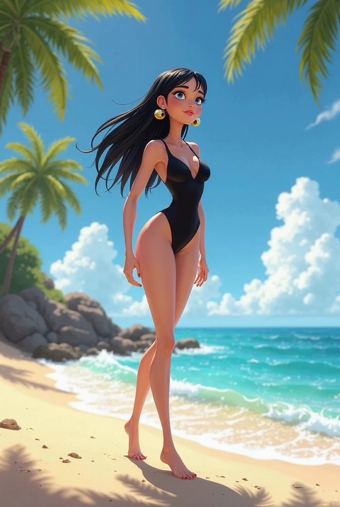 Beety Boop cartoon character from the 1930s 3D render, is seen walking down the beach in a skimpy bikini, her long black hair flowing in the breeze. She's smiling and waving at the camera, her eyes sparkling with joy. unreal engine 5