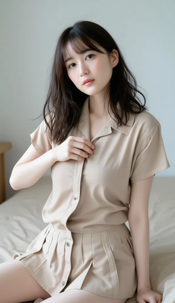 (8K, Raw photography, top-quality, masterpiece:1.2), One Woman、Japan at the age of 18,(Realistic Skins 1.4) 、(((hi-school girl、Wearing a school uniform、)))((Smaller chest、small tits、))、(Black stockings、high-heels、)、50mm Lens、30mm film、(bobhair、)(A dark-haired、The forehead is hidden by bangs、)、Black eyes、shinny skin、Skin shiny with sweat、Beautiful delicate face、Beautiful delicate eyes、bbw、Voluptuous body shape、Thicker thighs、One piercing in each ear、simple background、Gray background、