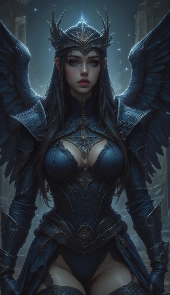 (Masterpiece, Textured Skin, Super Detail, Award-Winning, Best Quality, 16k, HDR), Highly Detailed Face, Beautiful Detailed Eyes, Beautiful Detailed Lips, Ultra-Detailed Big Breasts, Extremely Shaped Breasts, Extreme Detail Description, Vivid and Intense Colors, Vibrant Colors, Bright Magic Aura, Ethereal Lighting, Beautiful Woman, Perfect, Fantasy Work, Black Wings, Divinity of Death, God, Chaos Bringer, evil power around the Goddess, somber dress, majestic view, looking at the viewer, (surrealism, depth of field, cinematic lighting, ray tracing, 135mm, close-up, dramatic pose, digital art, dramatic photo, symmetrical eyes, complex background)