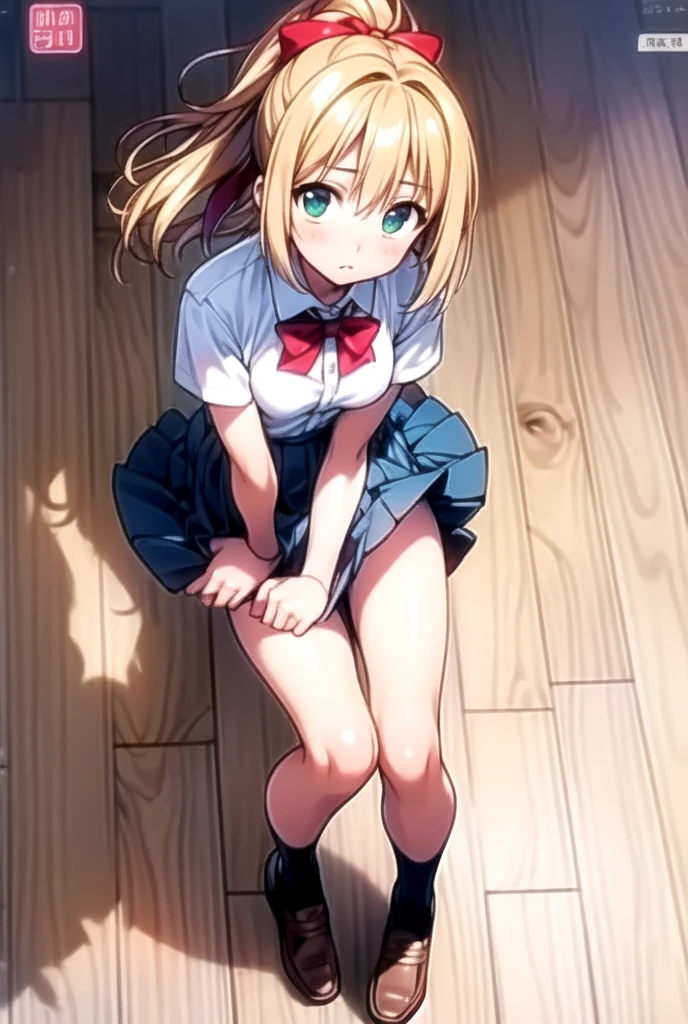 Cowboy Shots、Philo、One girl、solo、School Swimsuit、Blonde Hair、Shy、Mouth closed、Flat Chest、Are thin、he is short、White Wings、White Dress、Blue ribbon、Long Hair、blue eyes、Watching the viewer、Parted bangs、crouching、(From below:1.5)、、Pee、(Roll up your skirt:1.5)、((Grab the skirt:1.3))、(Pink Panty Shot:1.3)、No panties、Highest quality、Best image quality、Perfect Anatomy、masterpiece、Super detailed、beautiful、super quality、Highest quality、High resolution、Super detailed、Game CG、Dutch Angle、Beautifully detailed eyes、Visual Arts、Black Pantyhose、、(((Embarrassment)))、(vagina:1.5)、Five Fingers、Perfect hands(Schoolgirl uniform、Pleated mini skirt)、Open your mouth、Hold two VR controllers、Sitting on the floor、Knees up、Knees to chest、Spread leg pose、(White cotton panties)、Cameltoe、In the room、barefoot、Bare legs、((Showing off your crotch、Showing off panties))、Sitting on the floor、Putting your nipples in your clothes、(black tights)、(Black Pantyhose)、(Sit with your legs apart)、(Crouching pose)、(