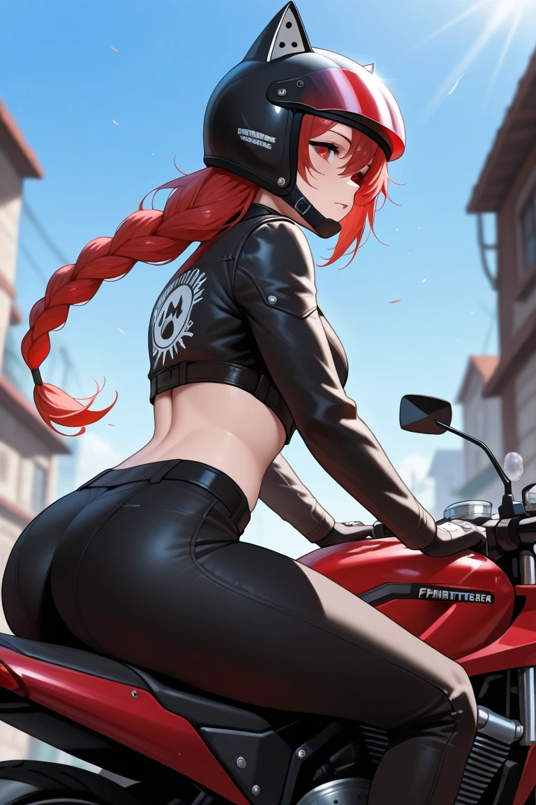 view from behind、show your butt、The emphasis is on the butt、actual、Super high chroma、8k、Long red hair(((30 year old woman)))、((((She is wearing a black and red aerodynamic cycling jersey。))))、Female cyclist、big breasts、Thick thighs、Pay attention to muscle development。pretty face, Highly detailed face and skin textures, A disdainful expression appeared on his face，(Eyes have small wrinkles, double eyelids, thin eyebrows, glitter eyeliner: 1.2, natural cheeks, skin shiny, White skin,, (glossy lips: 1. 4),Sweating 1.0、(((vitality)))