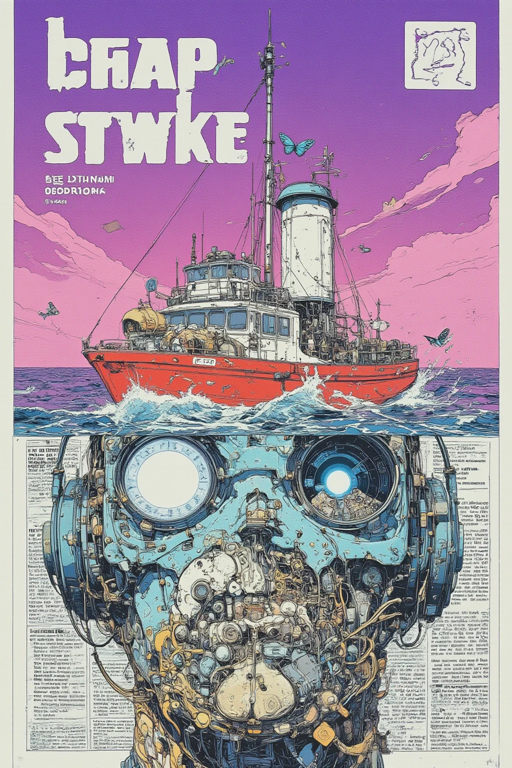 湖に浮かぶ英字新聞で出来た boatの想像上の画像,surreal collage, a contemporary artistic collage, collage artwork,   new album jacket,great job, digital collage, ( collage ), collage art, contemporary collage,mixed media collage,surreal + HD,surreal style,convertible, boat, purple sky, butterfly,shell,record,English newspaper ,The Inner World of the Autism Spectrum,surreal,Strange fish,British soldier