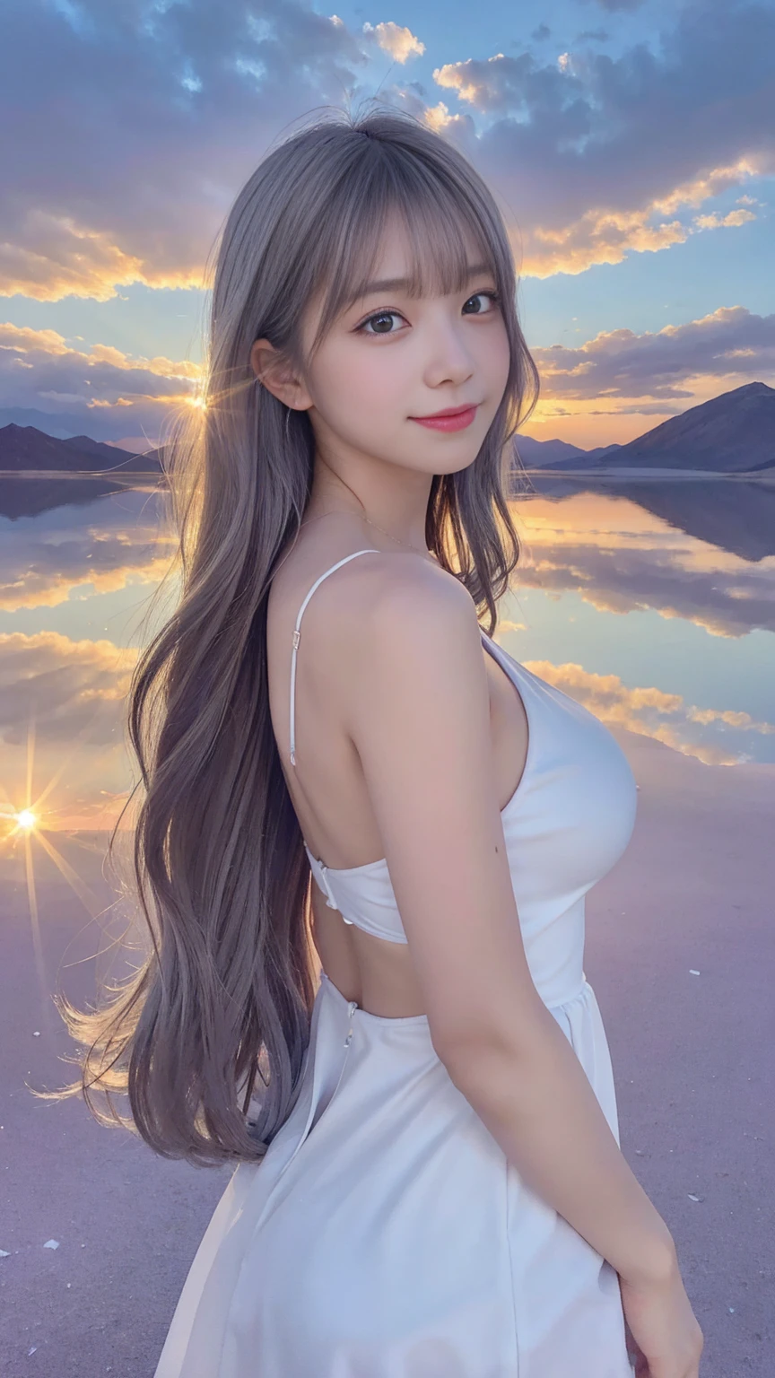 1 girl, masterpiece, very detailed, (beautiful delicate shine), Lens flare, gray hair, medium long hair, floating hair, think return, return, return, smile, blue eyes, white dress, big breasts, Upper body, wide shot, , ((Uyuni salt lake)), sunrise, cloud, returnlight, purple sky, yellow sky, gradient sky, ,huge breasts,looking at the viewer