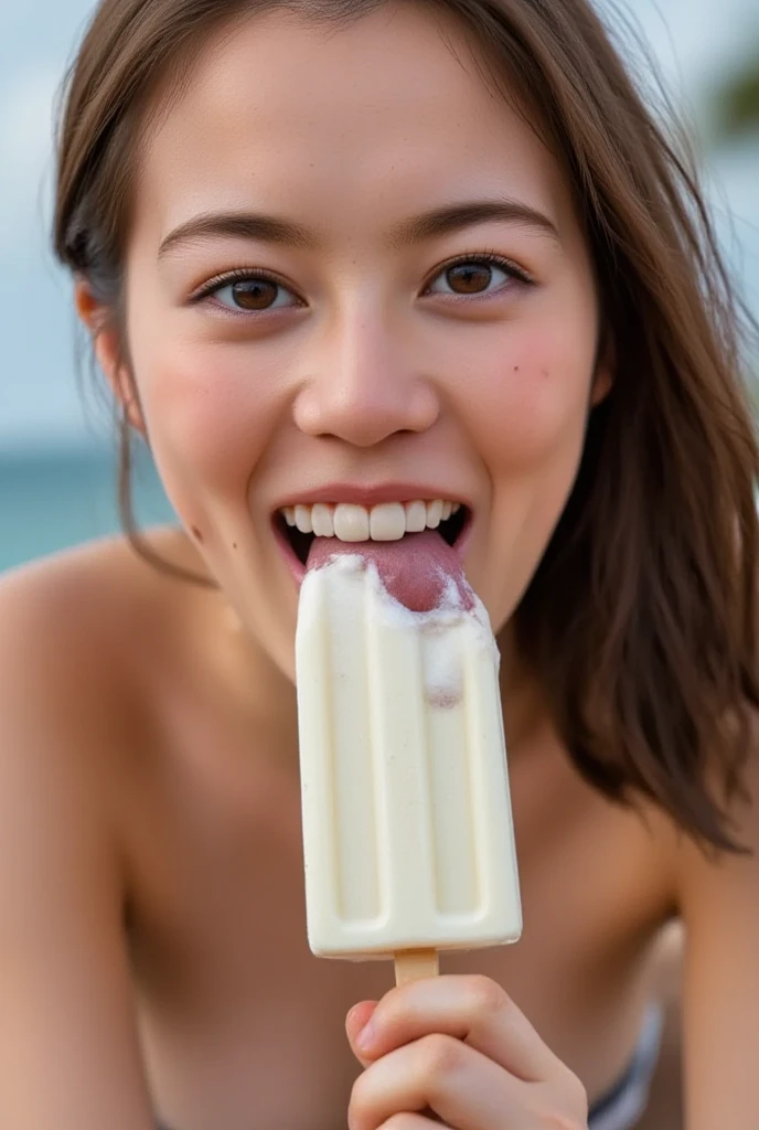 photorealistic, best quality, hyper detailed, a female white American model named Ruby Hayes, licking an icecream, Shaggy Bob medium haired espresso colored, hazel colored eyes, full body, fit hour glass body, solo, ONE PIECE SWIMSUIT LATEX PINK, outdoor, (night beach), analog style, skin texture, film grain, close up, ultra high res, best shadow, RAW, Instagram LUT