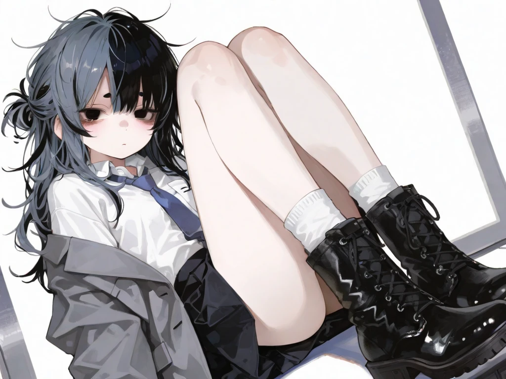 1 girl, sitting, socks, no shoes, looking at viewer, smiling, sitting on floor, ((black socks)), (sketch:1.25), best quality, (((perfect feet))), multicolored hair, high res, masterpiece, supersharp,