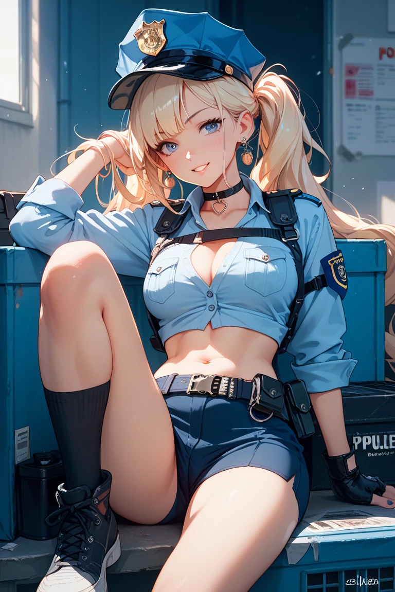 (1 beautiful mature slut), alone, gorgeous face, (blush)、((wearing a police uniform)), grin and laugh、red lips, eye shadow, eyeliner, ((open crotch))、Please show me your armpits、such an ass、((Please sit down))、big and full breasts, thighs, bob hair, lingerie、masterpiece, highest quality, 8k, realistic