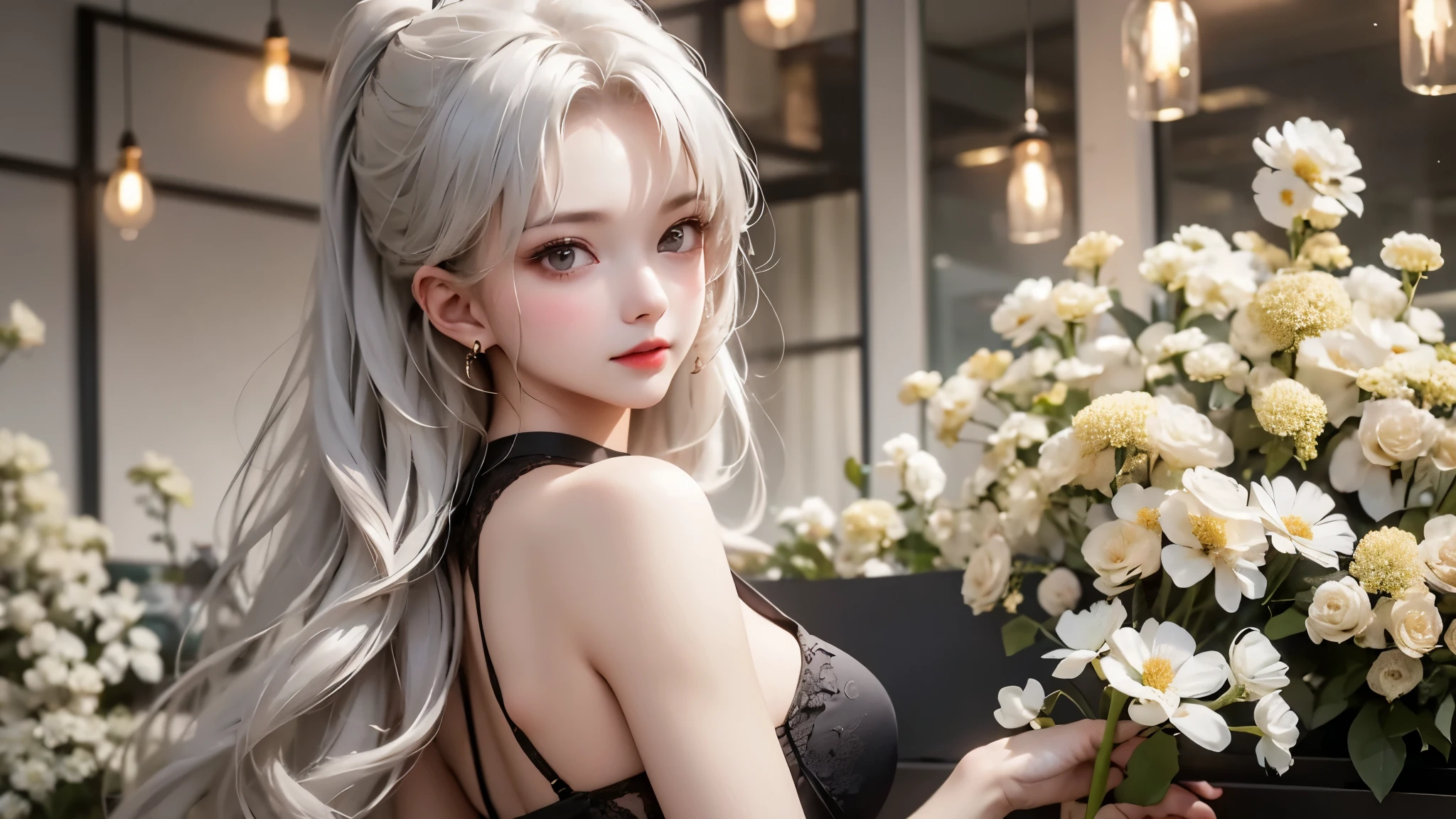 Black and White Color Schemes , Sexy Girl Working At A Flower Shop ,beautiful , small,Silvery Curly Hair、portrait、Upper body above lower back、valley