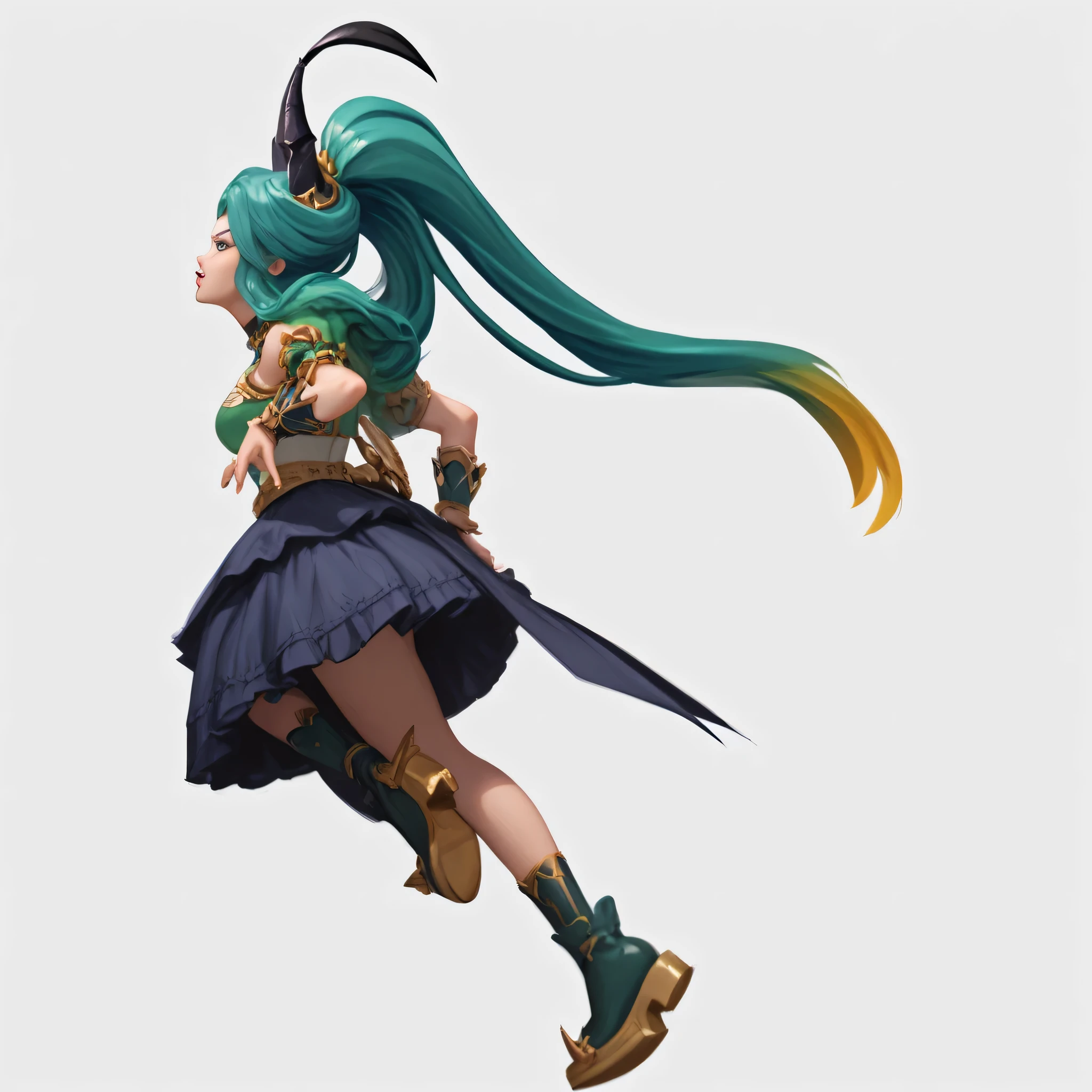 3D anime-style female character in dynamic running pose. Long turquoise hair in high ponytail with yellow gradient tips flowing dramatically behind her. Black horn-like accessory protruding from head. Wearing a cropped yellow-green top with brown and navy accents. Elegant navy blue multi-layered ta skirt with frilly edges and decorative gold embroidery. The skirt has a bell-shaped silhouette with petticoat underneath creating volume. Brown and teal arm bracers with gold trim. Thigh-high brown and teal boots with chunky heels. Character shown in profile view with determined expression. Clean white background. Stylized 3D rendering with smooth textures and cel-shaded aesthetic. 手绘风格,厚涂风格,欧美手绘风格,英雄联盟,英雄联盟手绘风格