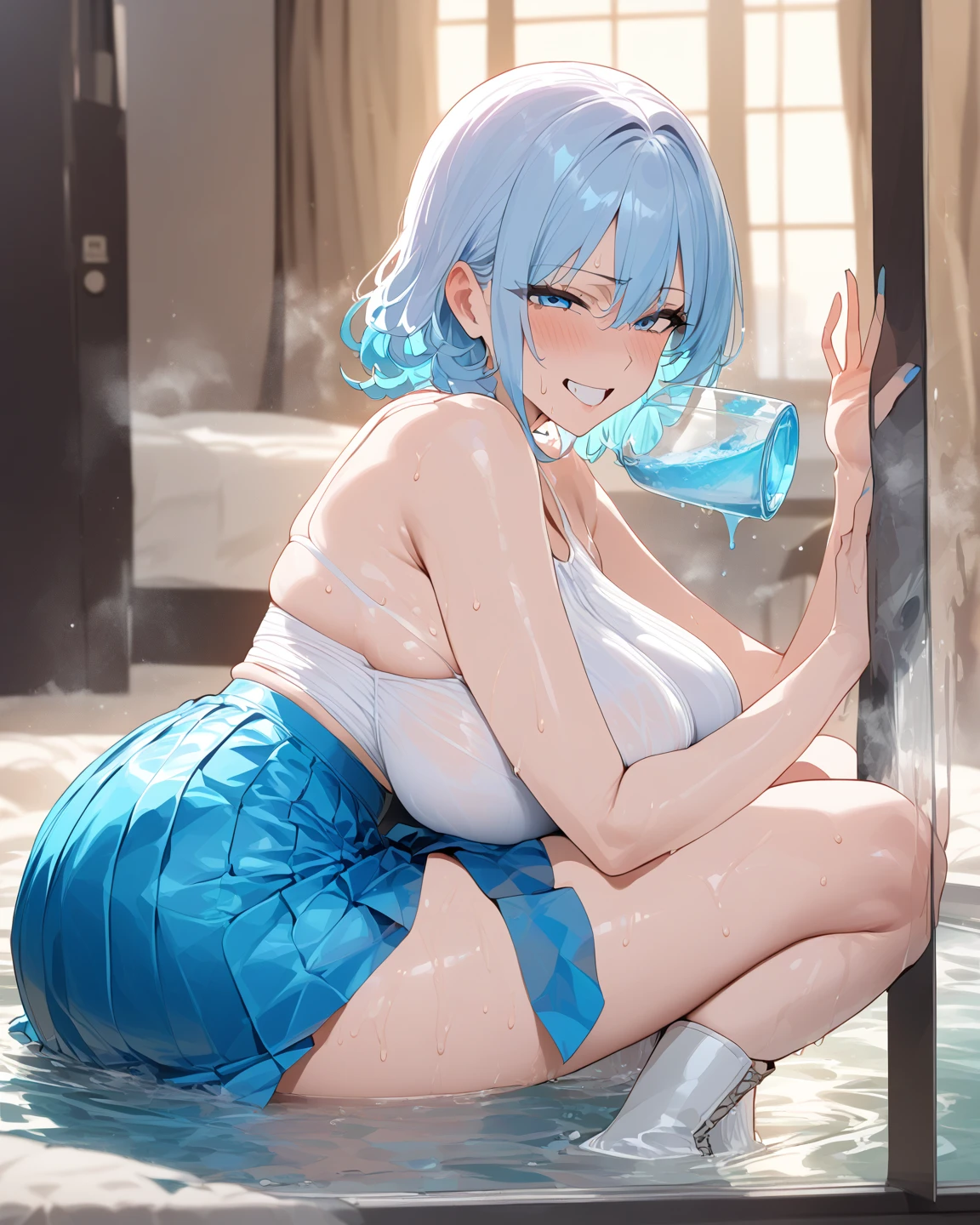 (masterpiece, best quality:1.4), illustration, 8K, (hatsune miku), straight-on, from below, (beautiful face, beautiful princess), 6girls, ((( oppai, small breasts))), (((petit, being stumpy, short legs, short arms, child, 9 yeas old, lolild))), (((undressing glossy slippy smooth texture {blue|black} one-piece japanese school swimsuit:1.3))) (beautiful detailed eyes, beautiful teal eyes:1.2), (((motherhood laughing))), wince, squinting eyes, closed mouth, (high light eyes:1.1), (looking at viewer), (((looking back from behind:1.3, bent forwards deeply, arms down))), drip with sweat, lens 135mm f1.8, portrait, (((loli oppsmall breasts))), (((petit, being stumpy, short legs, short arms, 9 yeas old, loli child))es drawn by Richard Amsel, painting, millipen, illustration, sharp sketch, gradation, super processor, Hi-res, detailed skin 2d, sd, bare shoulders, gleaming skin, super detailed skin, beautiful detailed eyes, beautiful hair, beautiful skin, beautiful face, shiny hair, shiny skin, wet skin, oily skin, wet clothes, oily clothes, shiny clothes, oily body, sweat breast, glossy skin, shiny oily skin, accurate describe sharps, nipples, nsfw, uncensored, cute anime cg face, full body, moderately meaty healthy body, topless, nipples, ((Japanese elementary school indoors)), 4th grade Japanese elementary school student,