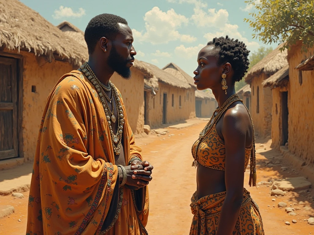 Create an image of a handsome young igbo man of about 30years a hunter having a traditional igbo marriage with a beautiful igbo woman of about 28years at her father's local compound