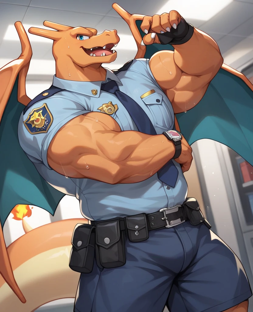 POV,top angle,sleep on stomach,lats,trapezius,butt lift,kemono, anthro (red dragon), male, (red dragon), muscular,back, red back,redbody,white belly,sweat,((correct anatomy)), collar dog, police hat, black jockstrap, underwear bulge, in the police office,police office, pain expression,canine tooth,hd, dark shadows, wide dynamic range, hdr, low light:1.2, front view, by null-ghost,by lindong, full body, canid, canine, canis, domestic red dragon, dragon, mammal, nordic sled dragon, fullbody, full res, smile, 1 boy, solo, full body, black sprot shoes, 1 boy, solo, police office wearing jockstrap, table, computer, sit on chair, camera view, open mouth, open shirt, unzip pant