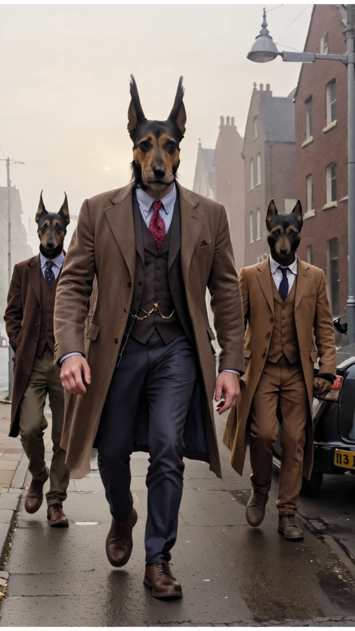 1 DB walks down the street with two little guys，street