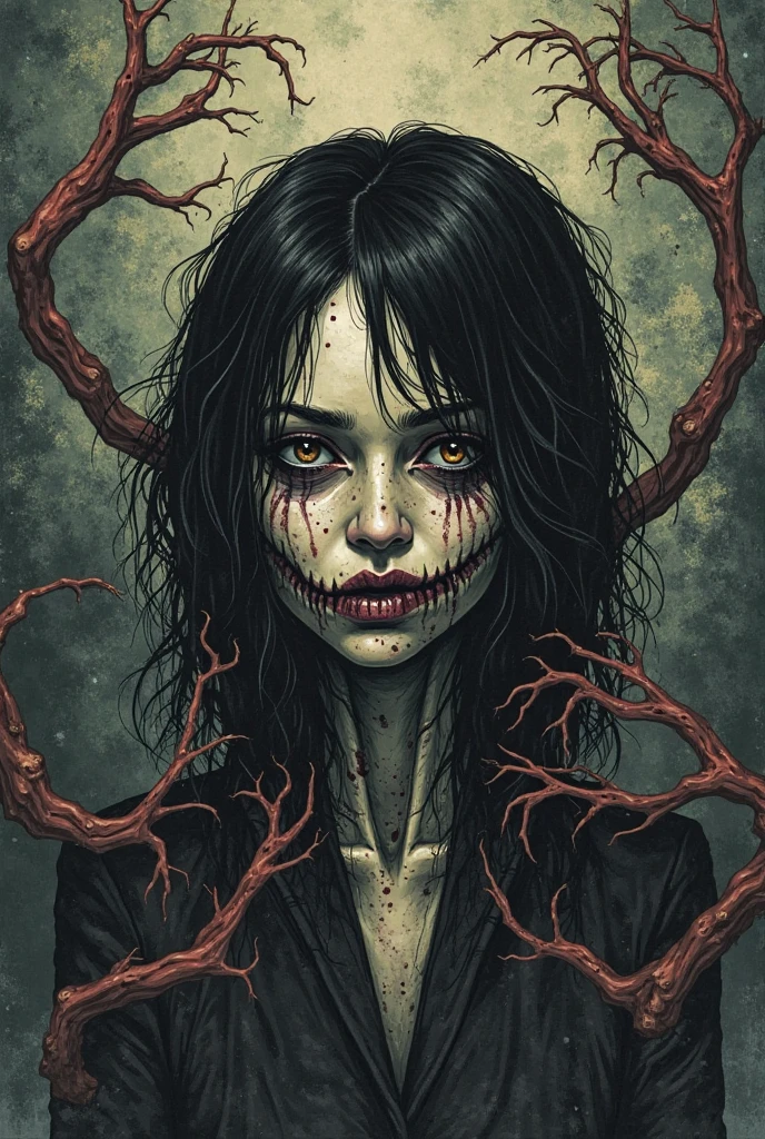 Drawing of an undead fairy demon by Juni Ito, horror manga, nuetral, soft lines, epic, evil, complex abstract background, highly detailed, glowing red eyes, style of Clive Barker, Tim Burton influence, surreal psychedelic gore, psychedlic line art, Dali, 4k