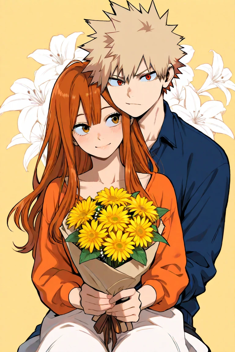 Bakugo katsuki, girl with long auburn hair, couple, cute, flowers ...