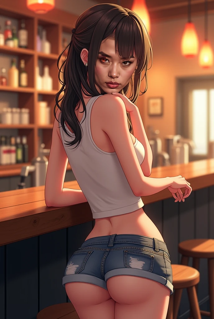 8k, best quality, realistic photos, realistic details, clear face, delicate facial features, real skin shine, a cute girl, shy, facing the camera, girl sitting in a bar in a gray fishnet sweater and tight panties, clear bar background, sea view, arms on bar counter, hips, slim body, big breasts, 24 years old, charming, seductive eyes