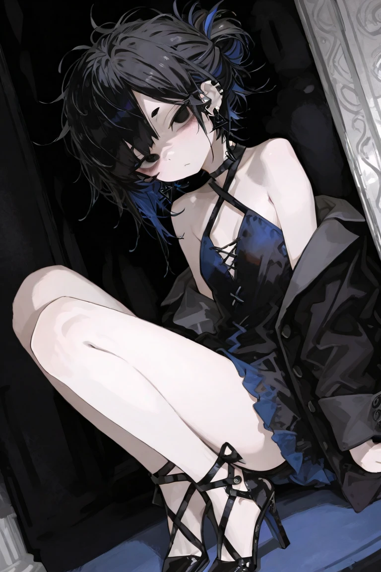 A striking woman with a bold sense of style, her blue hair styled in a sleek bob with bangs framing her face. Her intense blue eyes stare directly at the viewer, daring them to look away. She sits with her arms crossed, wearing a sleeveless black shirt that shows off her toned arms and a choker necklace that adds a touch of edginess. Her earrings and collar are intricately designed, adding to the overall aesthetic of the image. The rendering style is a mix of realism and abstract, with blurred elements that add a sense of movement and energy to the image.
