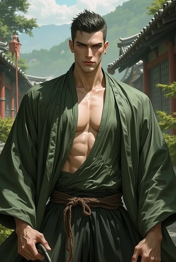 masterpiece, best quality, extremely detailed, hyperrealistic:1.1, photorealistic, a cool 20s man, ultra detailed face:1.1, full body shot, one eye closed, scar across eye:1.1, super short hair, green hair, green kimono, dark red obi, japanese style garden