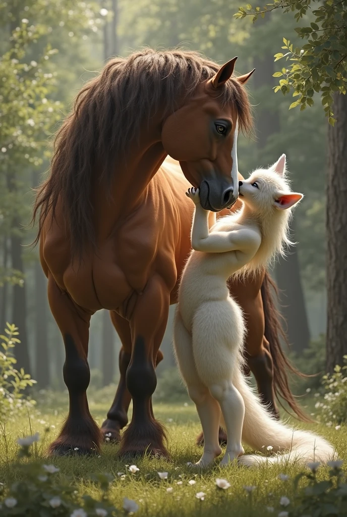 NSFW (nude) (Melissa Benoist ((human)) medium breasts, strip of pubic hair) penis in mouth, blowjob (((nude male white horse with horse penis))), full body, on a deserted beach