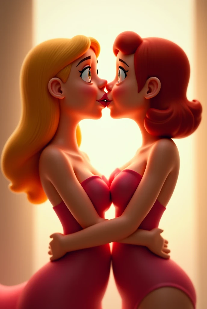 Red-haired woman in just panties kissing blonde woman, enquanto homem de 19 anos as observa