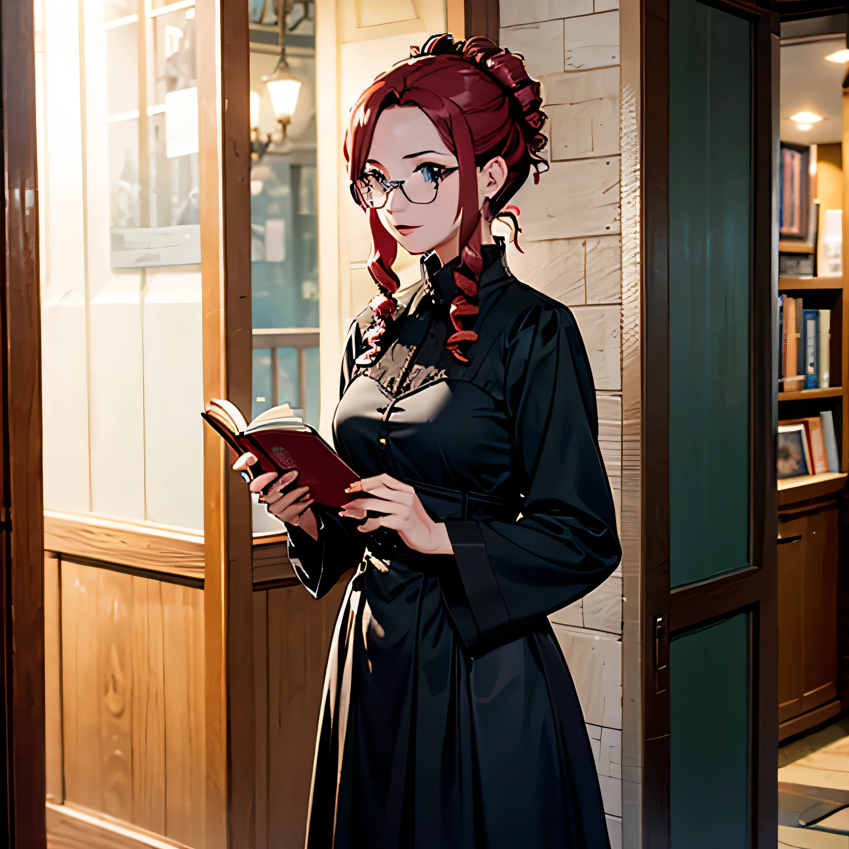 Mizuho Kazami, (stylized by Robert Crumb), English woman, 1 woman, solo, mature, good figure, detailed face, red hair, purple eyes, glasses, hair up in bun, sidelocks, drill hair, standing, gothic dress, scarlet dress, gothic city, medieval style, no emotions, full body, holding a book, at night, on the narrow streets, bookshop, light