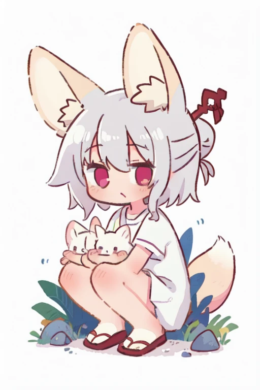 （masterpiece：1.2，high quality），8K，High resolution，A seven-year-old girl，cute girl，white hair，long hair，crossed bangs，hair bell，hairclip，hair two side up，Sleeping，heart ahoge，cat ears，laughing，skin fang，saliva，Wear a white hoodie，no shorts，Strawberry pattern panties，Bows on panties，Lying in the forest，There are flowering trees on both sides，primary school student，thigh，Calf，white socks，cat tail，alone，（Put your hands in your pockets）
