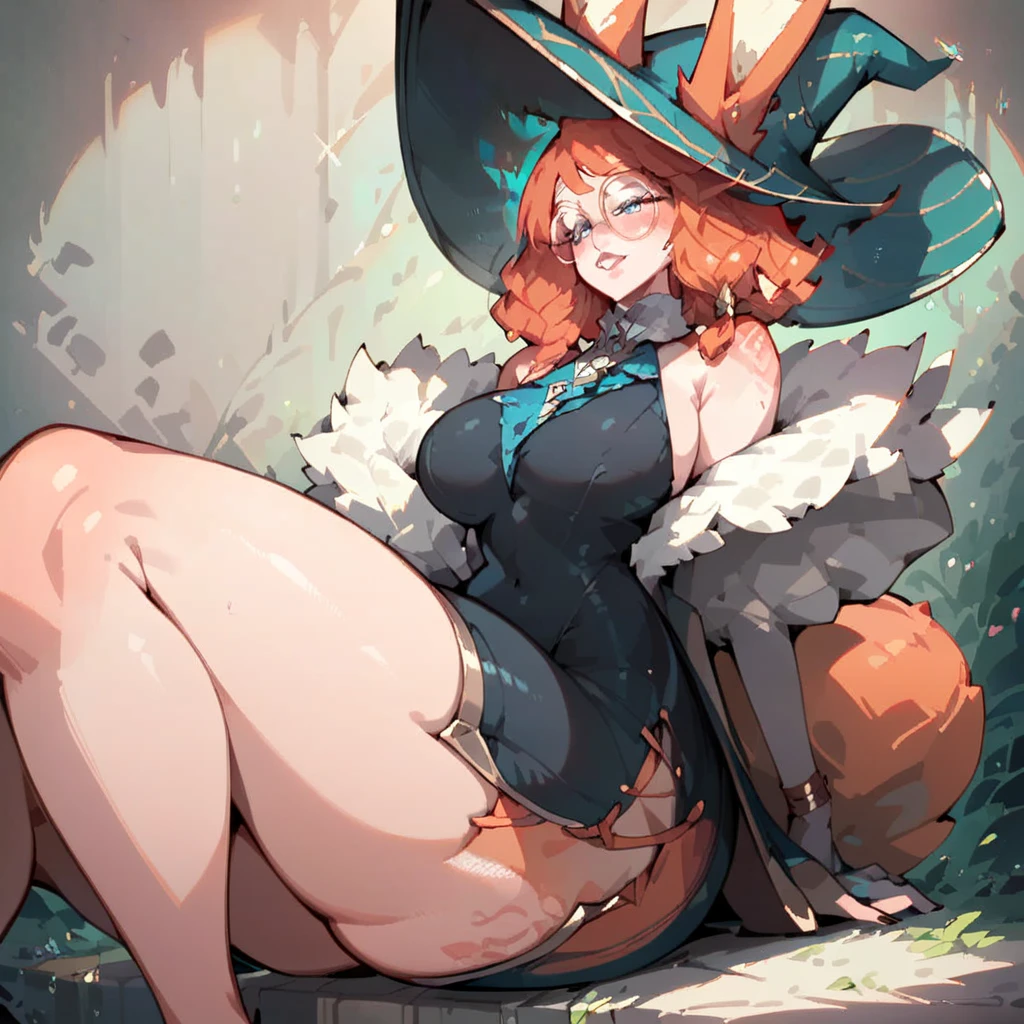 score_9, score_8_up, score_7_up, score_6_up, score_5_up, score_4_up, (solo), female anthro hyena, witch clothes, dress, lusty, fluffy body, long blond hair, turquoise eyes, (thick thighs:1.5) (barely_visible_booba) (she is standing) , giant breasts, gater belt tights