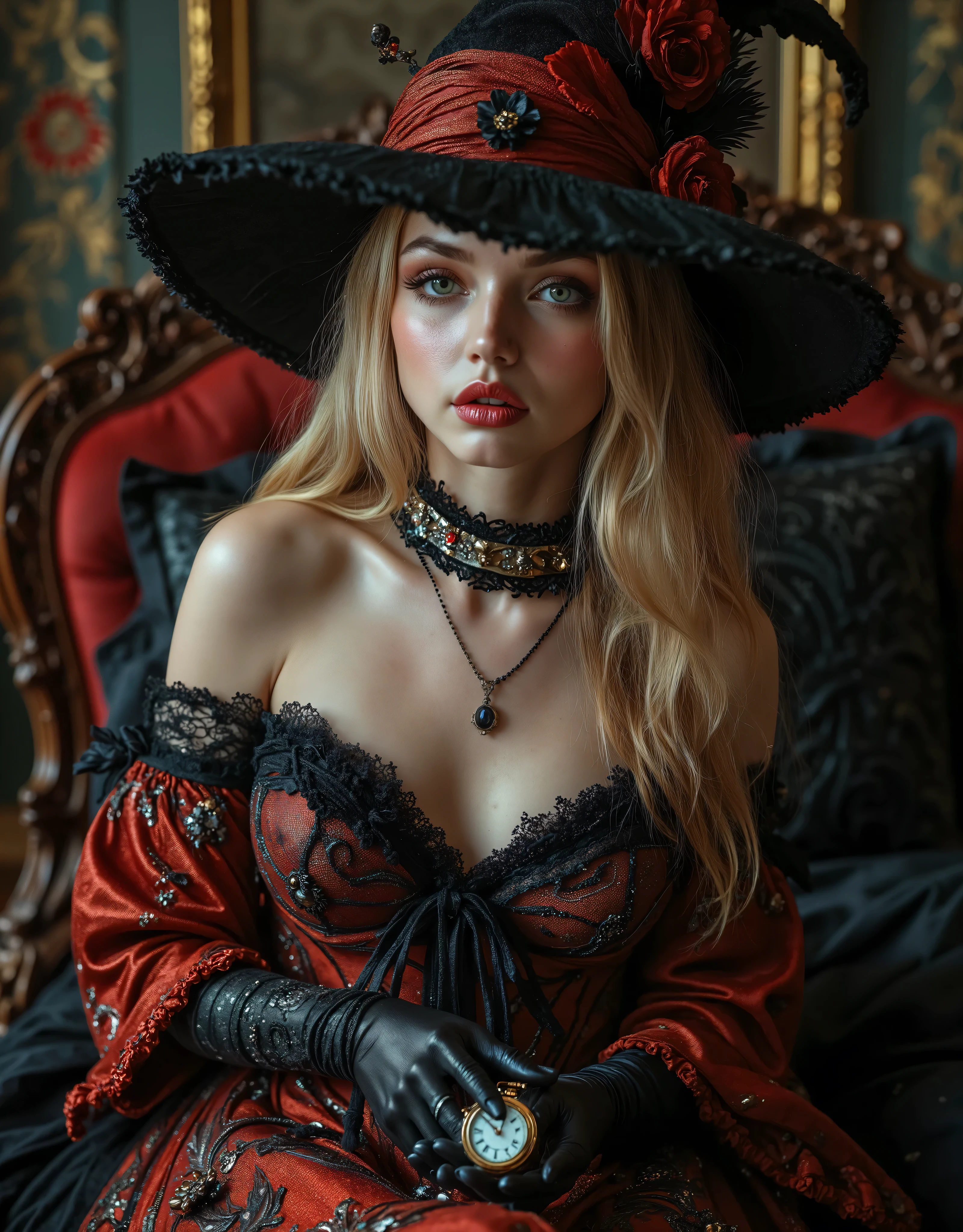 (Canon), (EOS R5), (85mm), ( No Lens Flare  :1.5), (超high resolution), (masterpiece), (Anatomically accurate human structure), (realisticな質感の肌), Super Detail, High detail, winning work, of the best quality, 32K, depth of field,  digital camera, Professional Writing, ((of the best quality:1.5)), ((masterpiece:1.5)), ((realistic)), high resolution, (Deep cinematic depiction), ((dark fantasy atmosphere)), (Dark depiction ), (A very beautiful and beautiful white French woman), ((full body shot with mahiru :1.5)), ((Upper body shot:1.2)), ((Semi-nude)), (( beautiful and beautiful, A 27-year-old French magician)), ((The most beautiful and captivating female magician in the world)), (Slender slim style), ((sitting on a luxurious antique bed)), (standing beside the bed),  smooth, (straight blonde), (Golden Straight Long Hair), long bangs, (has a pretty big, beautifully shaped bust), (g cup), (Tight, slender waist), (Extremely detailed and realistic skin :1.5), ((Extremely Detailed Realistic Blue Eyes:1.5)), ((Extremely Sexy Beautiful Blue Eyes :1.5)), (( catchlight in the eyes )), (( extremely detailed attractive and moisturized lips :1.5)), (( beautifully shaped big bust :1.5)), ((extremely detailed, attractive, and moisturized lips:1.5)), (( white teeth beautifully arranged )), ((antique and luxurious long coat style witch costume with elaborate silver patterns on dark red fabric:1.8)), (The front of the witch costume is open so you can see your cleavage), (Off-the-shoulder showing shoulders), ((that can be removed and almost completely naked)), (You may wear a gorgeous dark red lace bra and panties), ((lots of antique magical necklaces:1.8)), ((lots of antique bracelets:1.5)), (large, antique earrings), ((antique pocket watch:1.8)), ((has a gorgeous, long antique magic wand:1.5)), Luxurious Black Stockings with Intricate Patterns, ((Magical Tattoos Cover Your Body:1.5)), (Sexiest Angle ), (Large bedroom in an old luxury hotel), (Very antique bed and chair and furniture), Very Seductive and Sexy Expression, Very Seductive and Sexy Poses, (may show a beautiful and realistic bust), (beautiful nipples and large areolas can be seen), (Can See Realistic Female Genitals), (May Show Lots of Pubic Hair), (( show your hands as little as possible )),  accurate hand shape,Accurate hand finger shape ,Accurate finger count,5 fingers on one hand , Accurate leg shape,Accurate toe shape,  accurate toe count, Five fingers on one foot, ( color temperature 5500K ), 