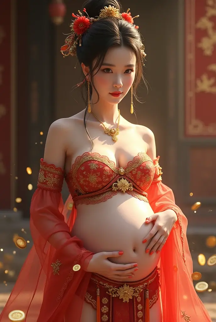 Chinese girl with gold coins , Thick body, Curved body, Curvy waist, Large Breasts, White skin, Luxurious costumes with intricate embroidery, Exposed breasts, flowing tulle, A long transparent colorful ribbon tied on the arm, Inspired by Chinese movies, Showing your belly button, Exposing shoulders, Bare neck, Her hair was tied up high with a flower hairpin, bangle ribbon, wreath, bracelet, anklet, High heels, Metal chain tassels at waist, Mogao Caves Art, Ink Painting, cgstation pop, In the castle at night, ((whole body)), ((Ultra-realistic)) Circle々And a fat, swollen pregnant belly、Slim build