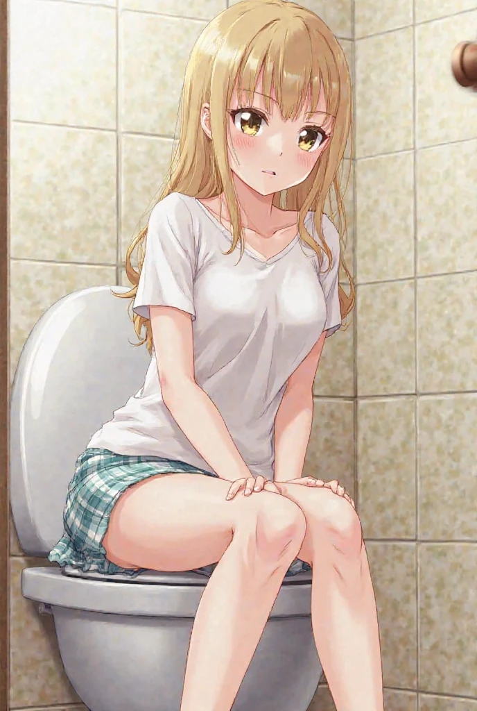 masterpiece, best_quality, in a public bathroom, on a toilet, small breasts, blush, covered in men’s piss、Sweaty、naked、fully naked, sexual excitement、perverted, very lewd, pervert girl, drooling, long blonde hair, green eyes, legs open wide, knees open, legs open all the way, face covered in men’s piss, body covered in piss