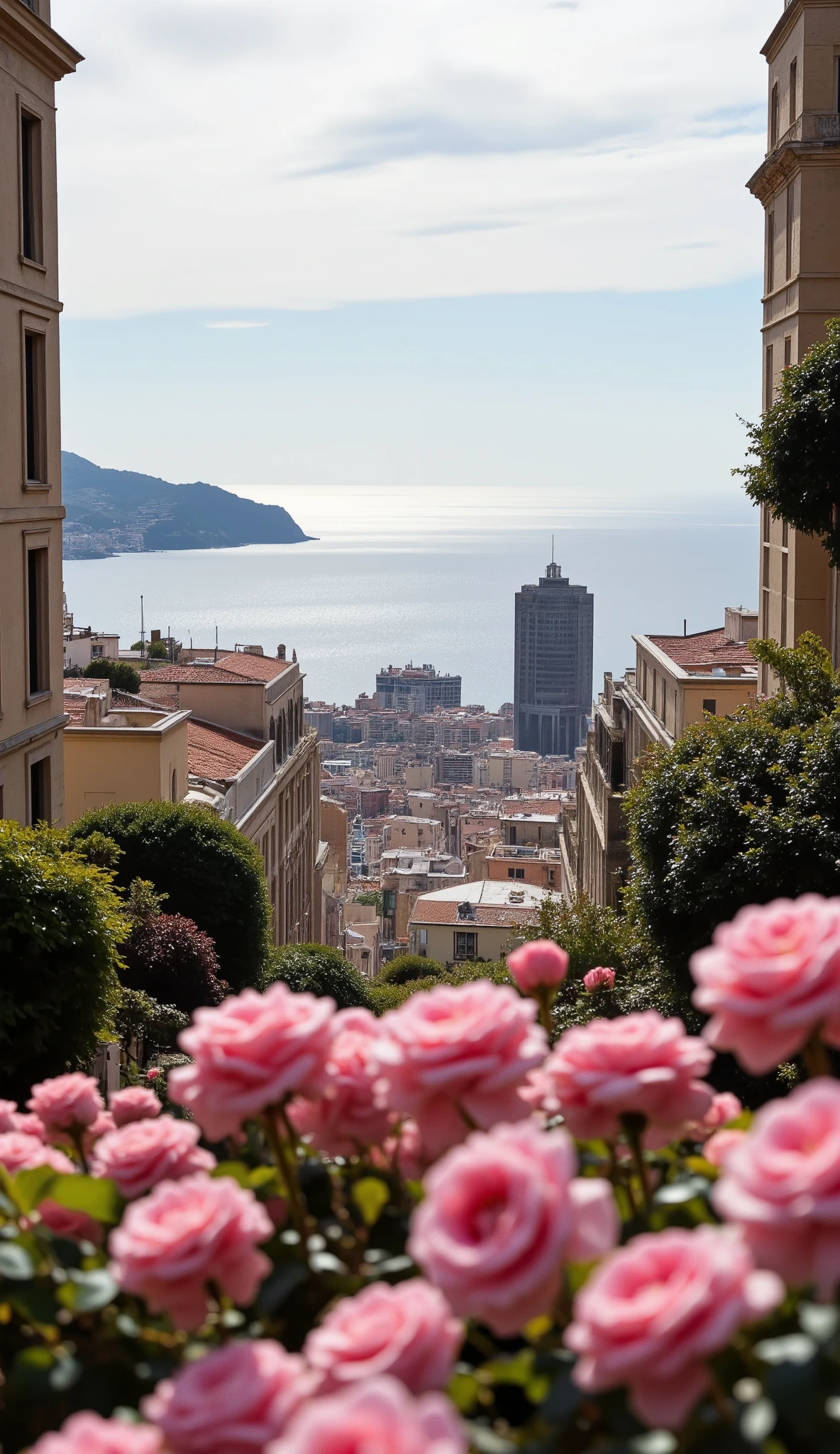 Take high-definition images of the urban area of Monaco with a view of the ocean in high-definition images、seen from the pink rose garden、Monaco buildings in the distance、There is little light and you can see far。