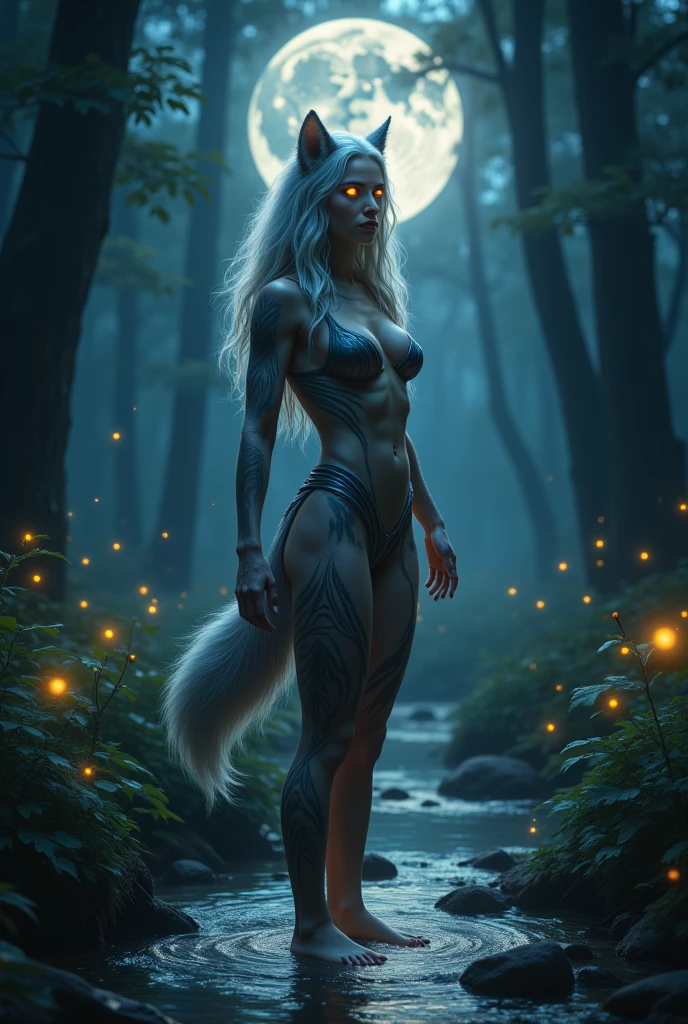 female Tabaxi, shadow creature, ears, cheeks, (black neck tuft, black body), curvy figure, fur, breasts, green eyes, fluffy long tail, naked, pussy, pussy focus, wet fur, raised tail, doggy style pose, seductive pose, three-quarter portrait,back view, 
BREAK, by Mike Winkelmann \(Beeple\), by Ozawk, [by Wildering:0.4], detailed background, detailed foreground, depth of field, ambient silhouette, backlighting, 
waterfall, night forest, glowing plant, glowing river, ((water steam, foggy)), ambient firefly, yellow light