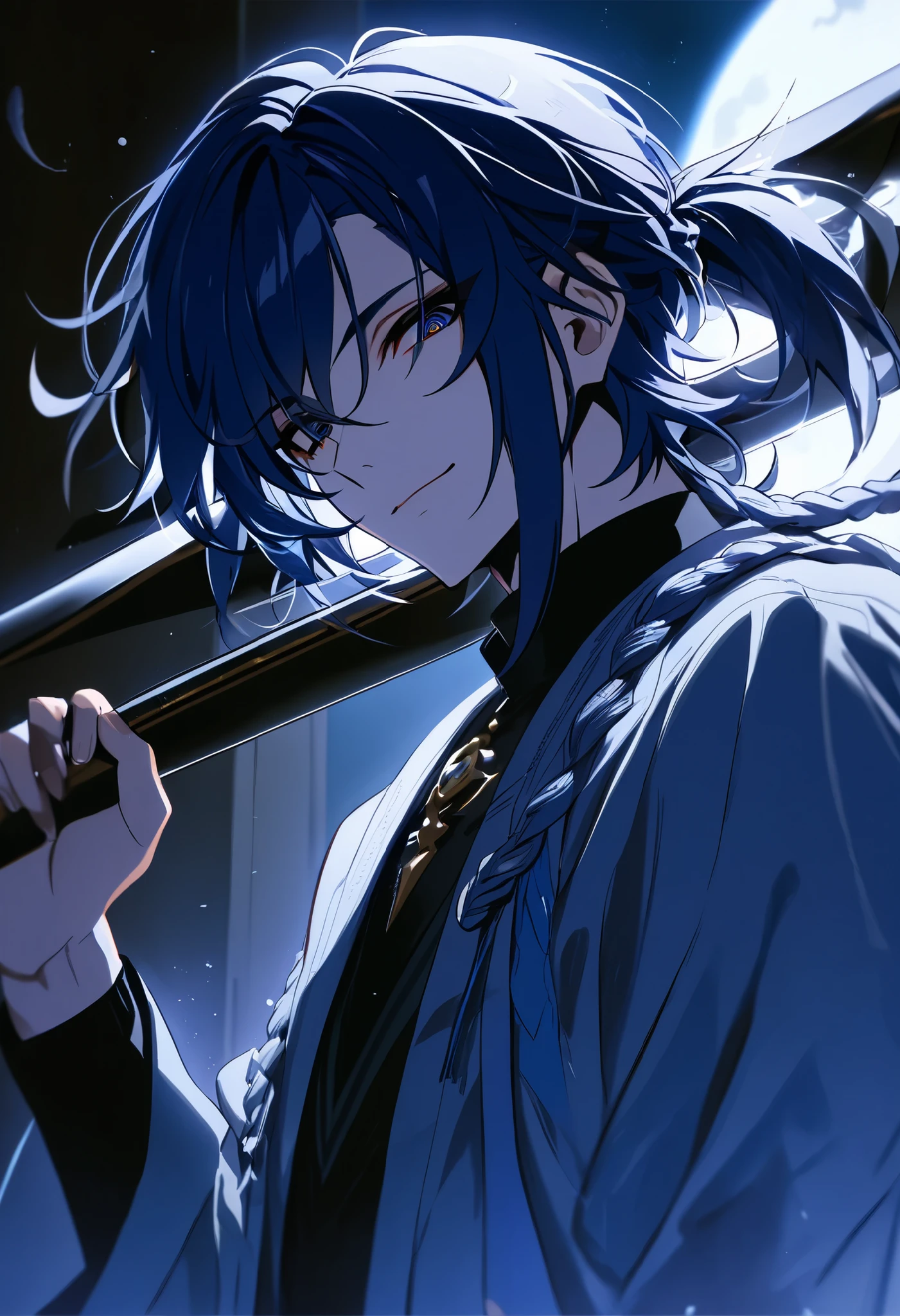score_9, score_8_up, score_7_up, masterpiece, best quality, detailed face, detailed eyes, 1 boy, solo, beautiful, moderate chest, mature, light makeup, handsome, cool 

Short hair, dark blue hair, long side bangs, low medium ponytail, low medium silver braid, tidy bang, grey long coat outer, dark blue cardigan, black turtleneck inner,
Open eyes, closed mouth, dark blue eyes, empty eyes, gentle smile, devious expression, looking at viewer, holding black death scythe, 
Indoor, Hospital room, night time, full moon, black feathers, perfect lighting, particles, best composition, dynamic, from the side, from below,