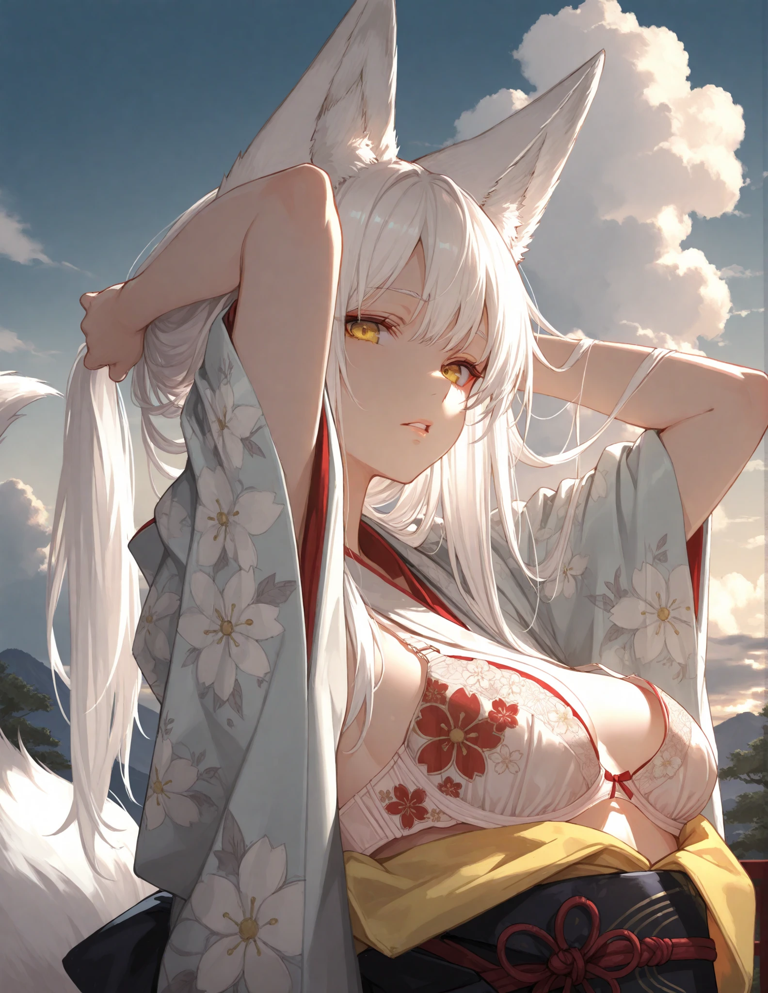 (masterpiece, highest quality:1.2), (High resolution, 8k RAW photos, Realistic, Clear focus), (Natural light, Fabric Shading), throw, alone, Focus on the chest, Chest close-up, One mature woman, 28 years old, ((Exposed breasts:1.5)), ((nfsw:1.37, Saggy breasts, Big Breasts:1.7, tits)), Sexy Breasts,, smile,Gray Hair,(White fox ears:1.5)、(White fox tail:1.5) ((Full nudity:1.5)), In the Zen garden of a Japanese temple, In front of the torii gate, In winter, Snow-covered ground, Crystal of snow, Written boundary depth, Bokeh, Dynamic Angle, (Correct Anatomy, Ideal body type), One Night, Under the stars,