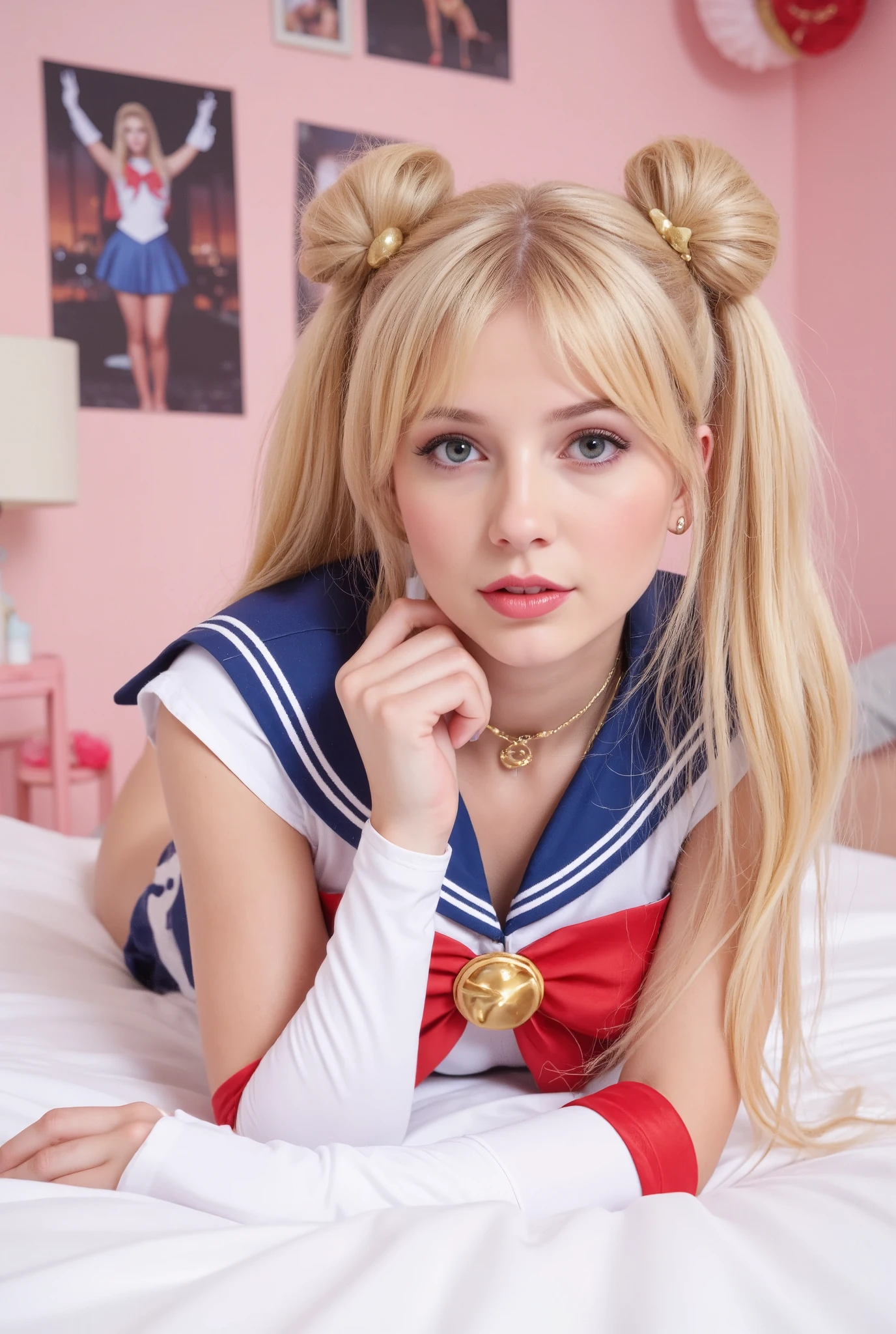 Create a realistic photograph of a beautiful 20-year-old girl with fair skin. She has very long straight blonde hair styled in two buns, resembling twin tails. She is wearing a Sailormoon costume and lying on the bed. The background features a cute, feminine room decorated with posters of her in the same Sailormoon cosplay, capturing the essence of a dreamy, whimsical atmosphere.