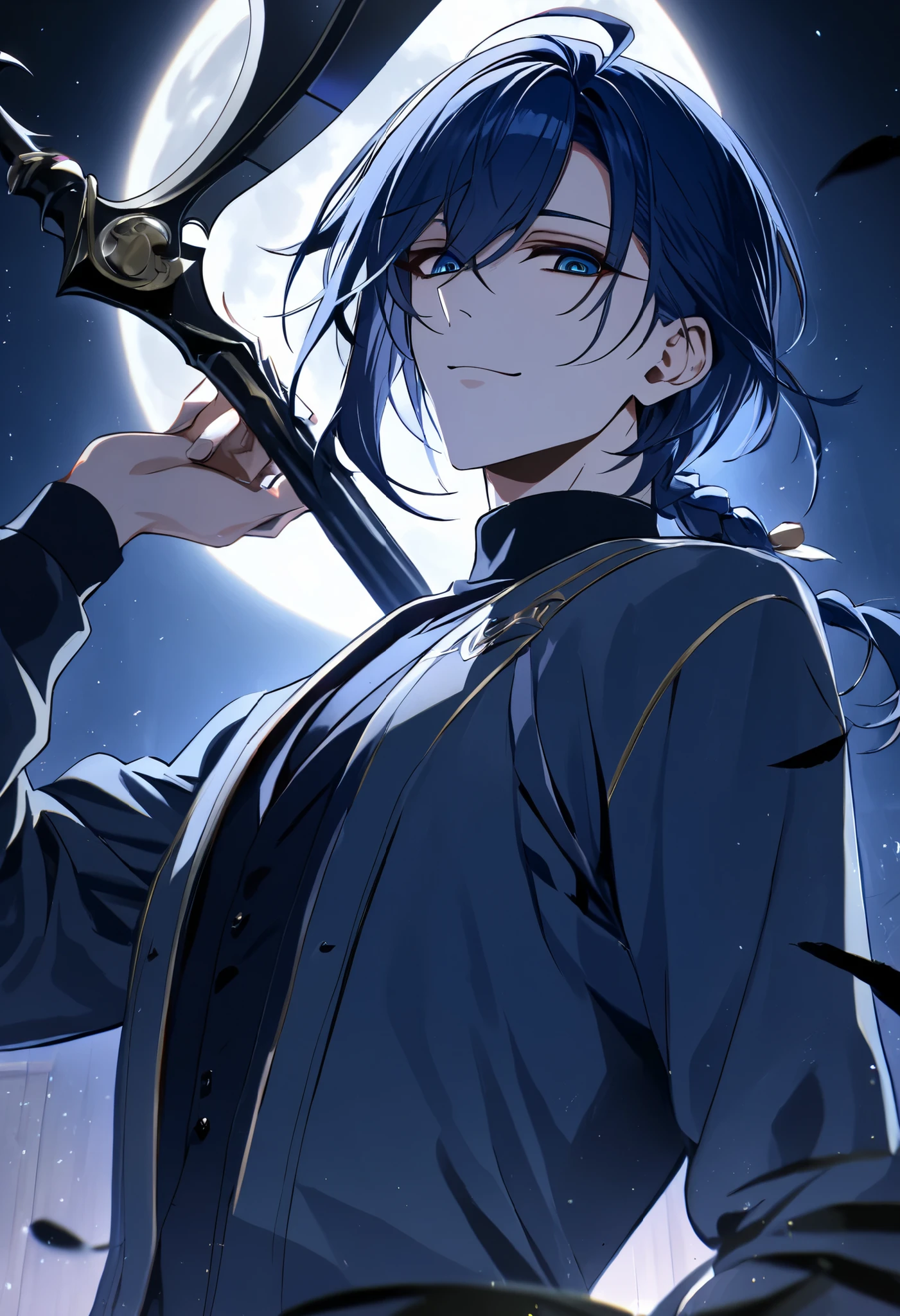 score_9, score_8_up, score_7_up, masterpiece, best quality, detailed face, detailed eyes, 1 boy, solo, beautiful, moderate chest, mature, light makeup, handsome, cool
Short hair, dark blue hair, long side bangs, low medium ponytail, low medium braid, tidy bang, grey long coat outer, dark blue cardigan, black turtleneck inner,
Open eyes, closed mouth, dark blue eyes, empty eyes, gentle smile, devious expression, looking at viewer, holding black death scythe,
Indoor, Hospital room, night time, full moon, black feathers, perfect lighting, particles, best composition, dynamic, from the side, from below,