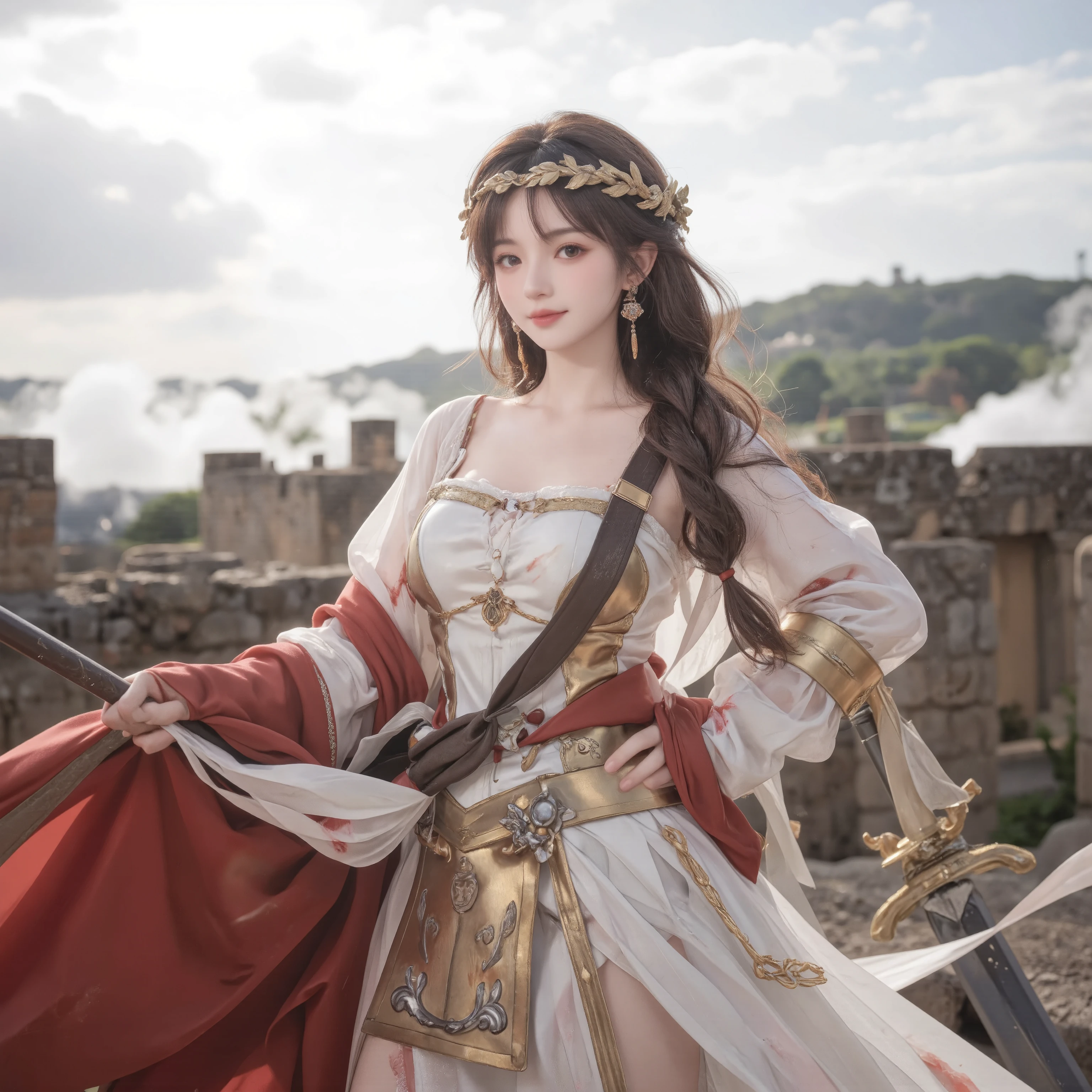 1girl, cowboy shot (from head to mid-thigh), solo focus, standing proudly, heroic and graceful posture, dynamic angle
portrait-quality face, symmetrical and well-defined facial features, sharp expressive eyes, bright intense gaze, gentle seductive smile, soft flawless skin, subtle blush, long wavy brown hair, thick braided ponytail
golden laurel crown, ornate Roman earrings, elegant Roman-style jewelry, red cape flowing in the wind
revealing white and gold Roman-style armored dress, deep plunging neckline, high thigh slit, large breasts, hourglass figure, Roman design breastplate, detailed textures
holding a bloodstained sword, ruins and smoke in the distance, sunlight breaking through clouds
masterpiece, best quality, ultra-detailed, clean composition, sharp focus, soft cinematic lighting, natural proportions, highly realistic rendering, emphasis on facial beauty