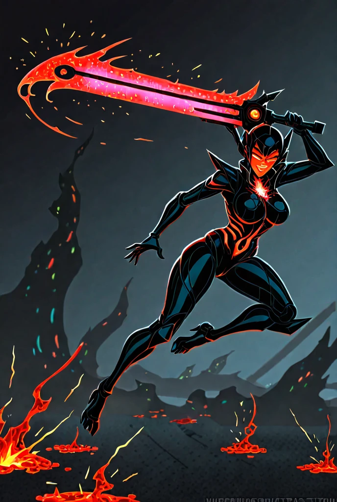 (Anime Line Art) A sexy Sith Warlord (alien, big breasts, no hair many small horns instead, blood red eyes, deep red almost black skin, many fierce orange body tattoos, small fighting costume, looks unhinged, wielding a red light saber) is dueling with a Jedi woman (big butt, small breasts, sailor school outfit with scifi gadgets, short hair, big eyes, calm and composed, masterfully deflecting the sith attacker), set in a sci-fi high technology building