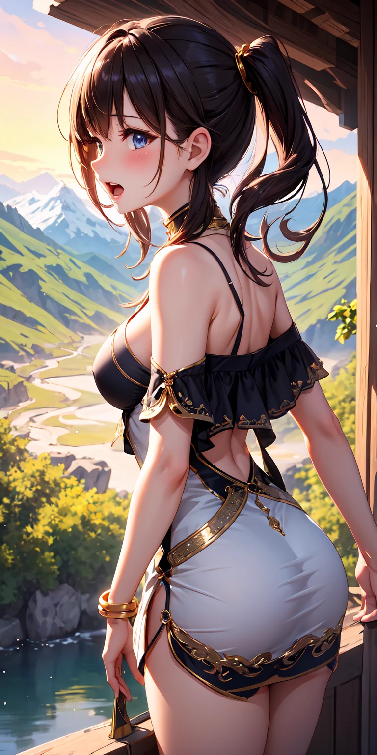 

(1 girl), (masterpiece), (Best Quality), ((looking at the viewer)), ((whole body)),((Turning your back to the viewer)), ((beautiful round and sensual butt)), ((dress that highlights your figure)), ((for white)), ((beautiful wedding dress)), ((by white)), ((voluptuous and sensual body)),

In a serene alpine setting, on top of a snow covered mountain, a young woman stands gracefully. Her hair, as pure and white as freshly fallen snow, cascades down your shoulders in soft waves. his eyes, a striking shade of blue reminiscent of deep sapphires, reflect the clear, cool sky above. It is adorned with an elegant, Flowing white dress that flutters slightly in the mountain breeze.., accentuating her slender figure. The morning sun bathes her in a soft, golden glitter, highlighting the delicate features of your face: a serene expression that reflects the tranquility of its surroundings.. Your gaze is fixed on the panoramic view of steep valleys and distant peaks.., a scene painted with pristine snow and lush greenery under the vast, immaculate sky.