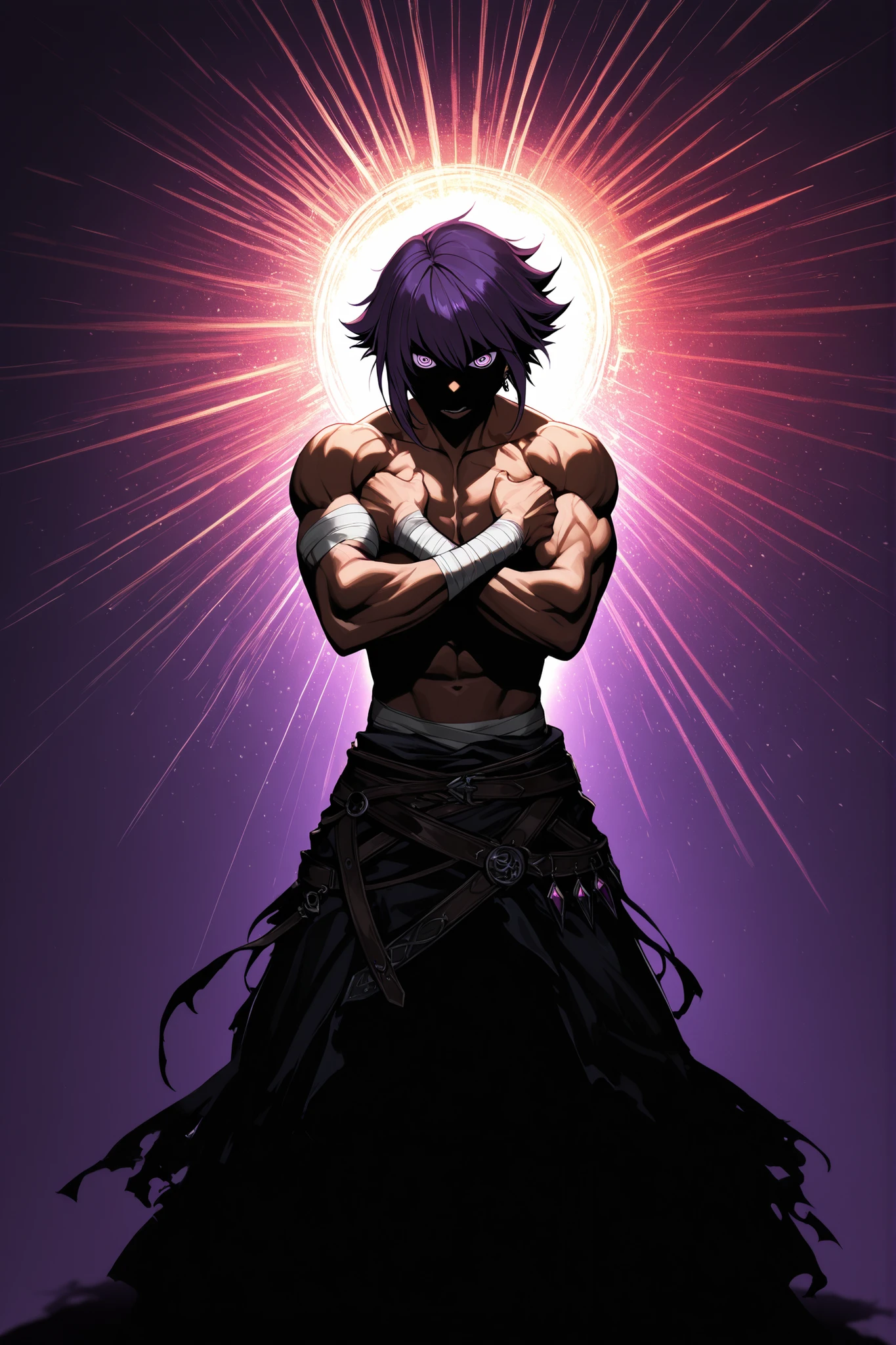 (masterpiece, best quality, ultra-detailed, best shadow), (dark fantasy), high contrast, (best lighting, extremely delicate and beautiful), ((cinematic light)), colorful, hyper detail, dramatic light, intricate details. age boy with messy purple hair, piercing golden gaze, sadistic expression, clothes with signs of wear, wearing bandages on his hands, character in a dynamic pose and shirtless, waist up, defined muscles