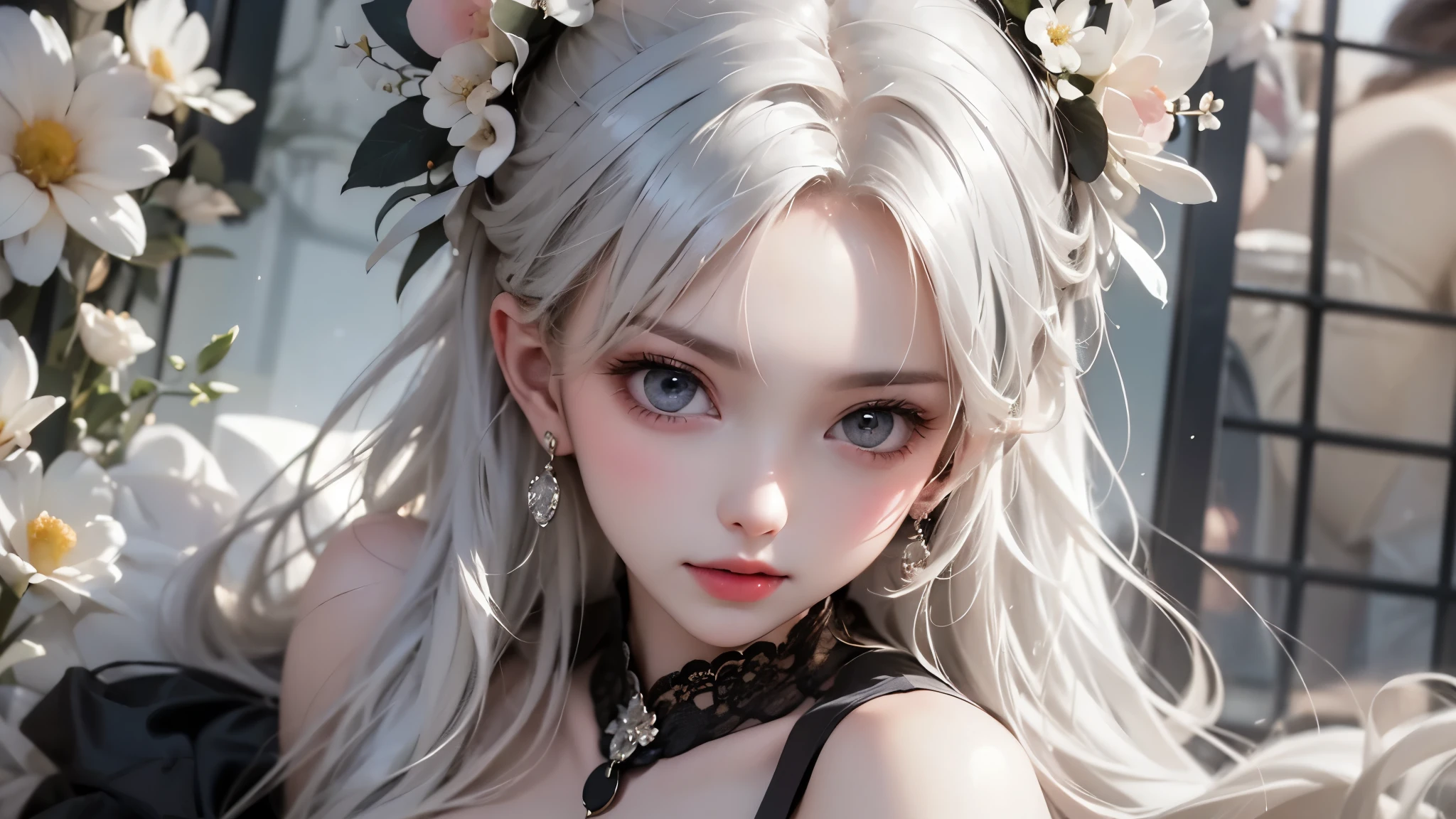 Black and White Color Schemes , Sexy Girl Working At A Flower Shop ,beautiful , small,Silvery Curly Hair、portrait、Upper body above lower back、valley